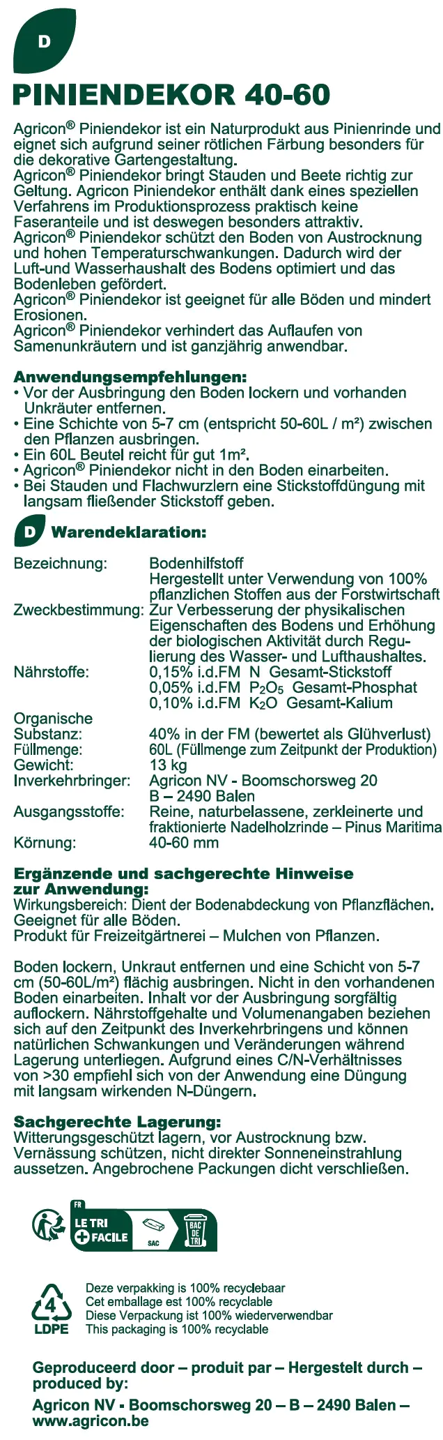 Agricon Pinienrinde Excellent 40 - 60 mm Körnung 60 L  Agricon Pinienrinde Excellent 40 - 60 mm Körnung 60 L