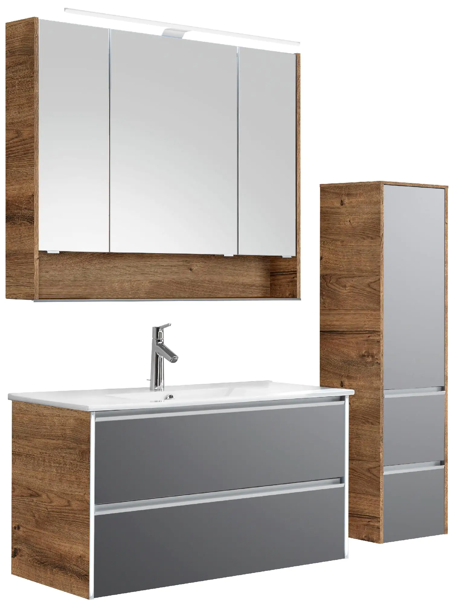 Pelipal Badmöbel-Set 6040 Stahlgrau/Eiche Ribbeck mit Keramik-Waschtisch + Midischrank 134 cm