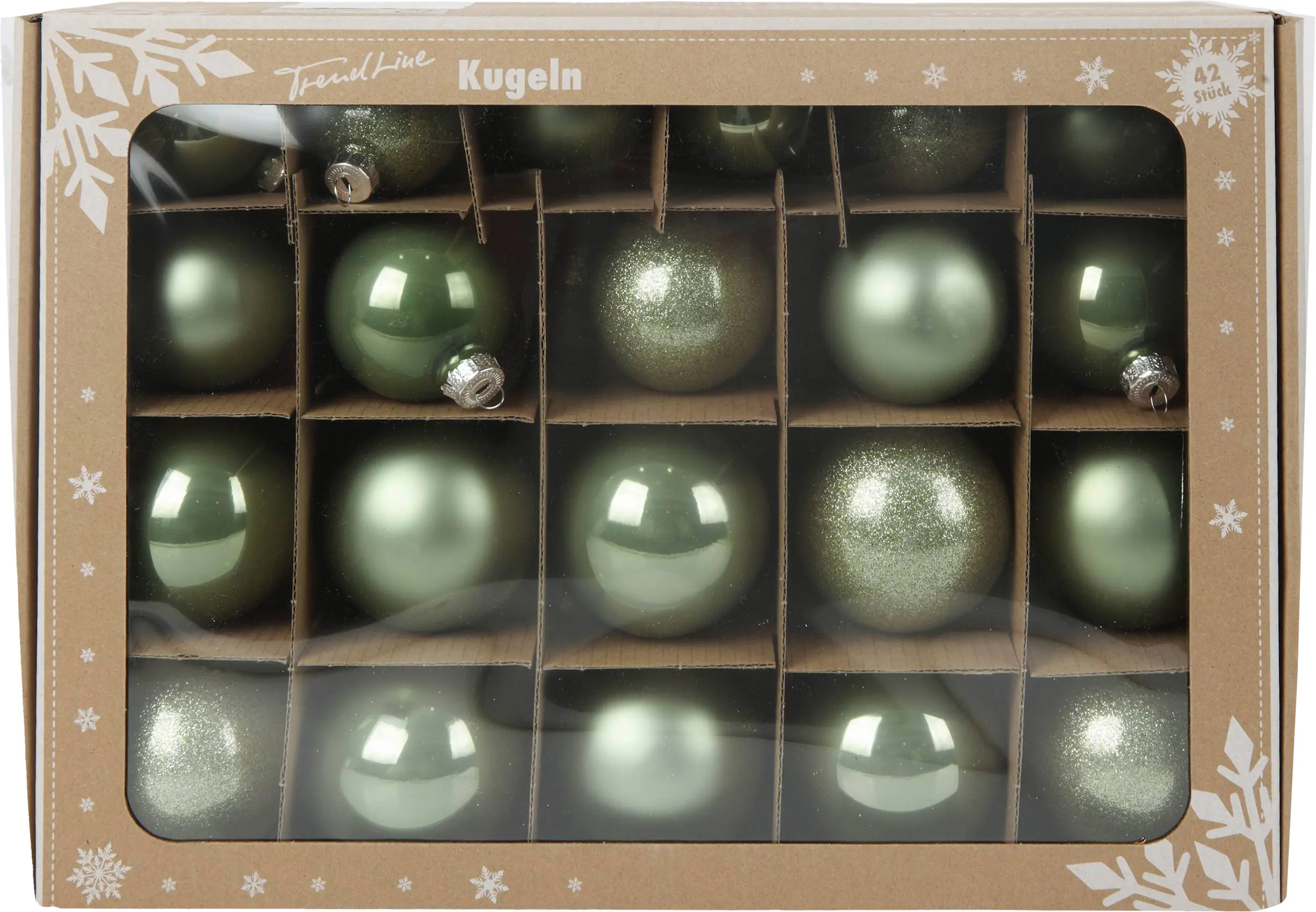 TrendLine Weihnachtskugeln aus Glas Ø 5 cm,6 cm,7 cm salbei grün 42 Stück