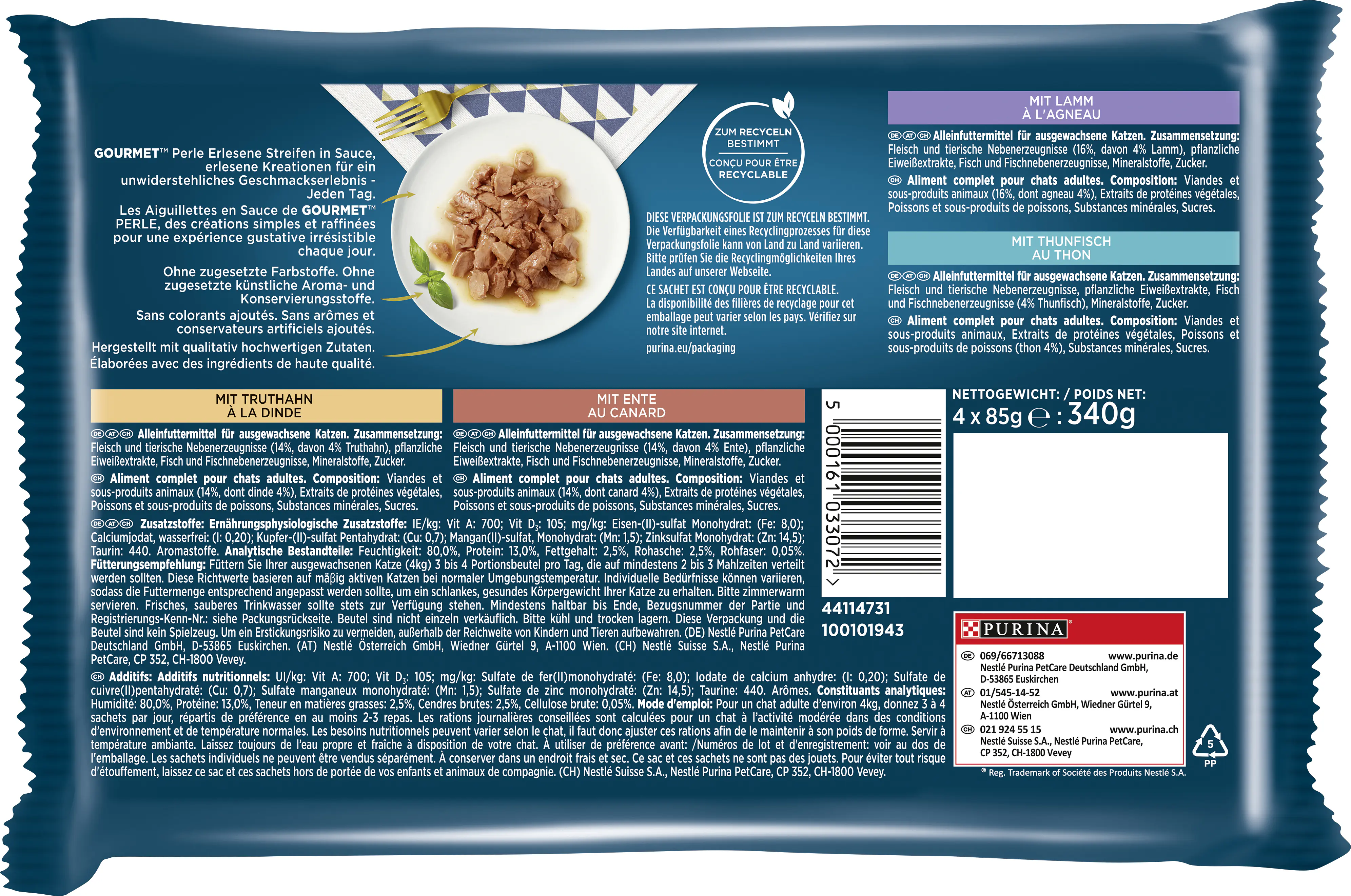 Gourmet Perle Erlesene Streifen mit Truthahn Thunfisch Ente Lamm 4x 85g