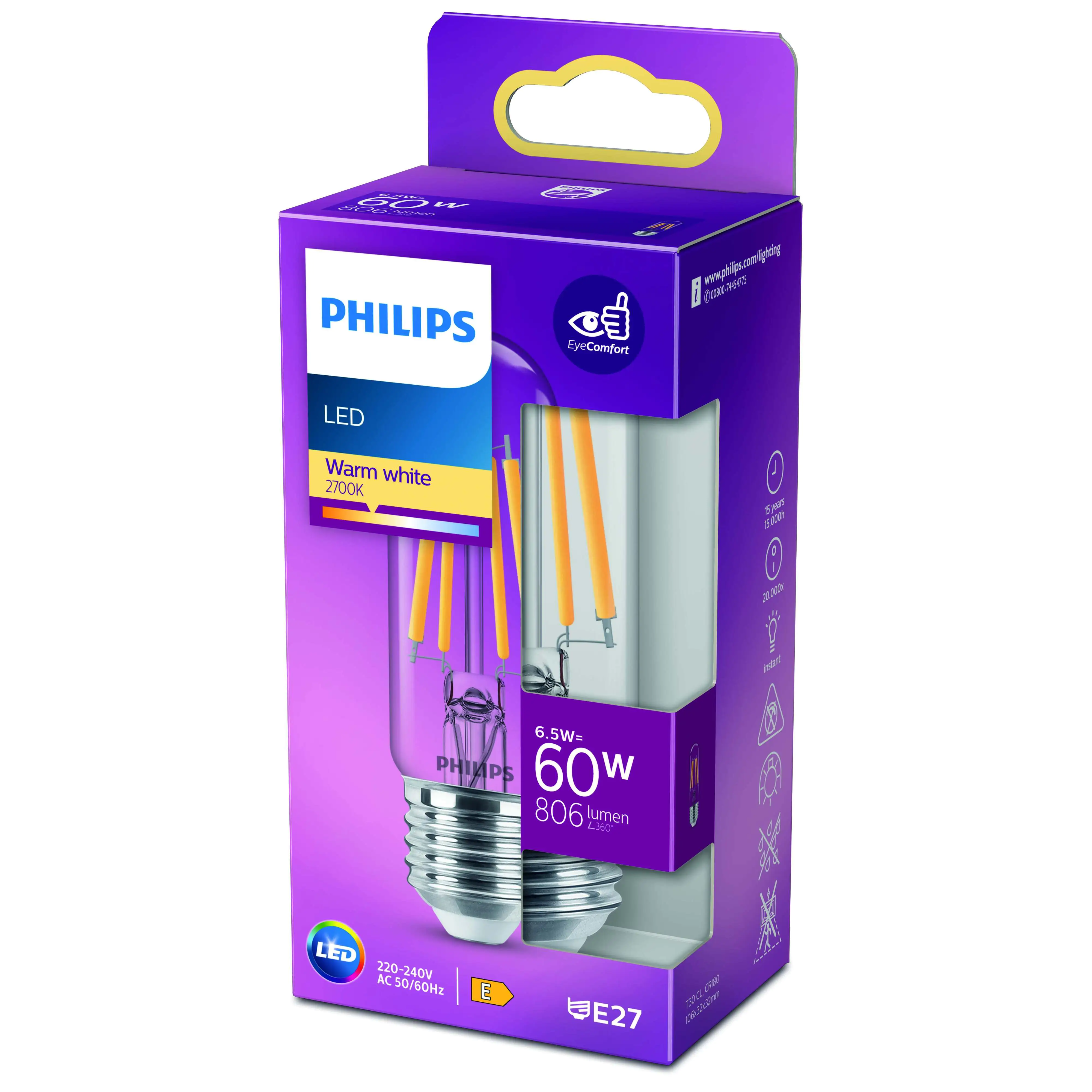 Philips LED-Leuchtmittel Filament Stabform T30 E27 6,5W warmweiß