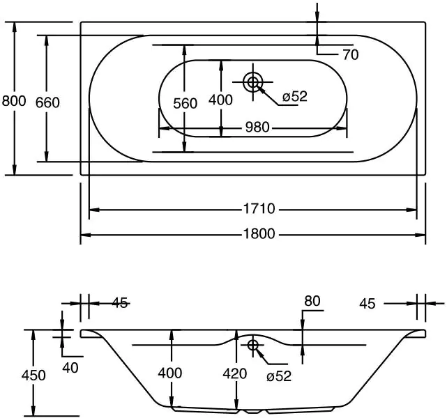 Ottofond Badewanne Madera 180 x 80 cm, weiß