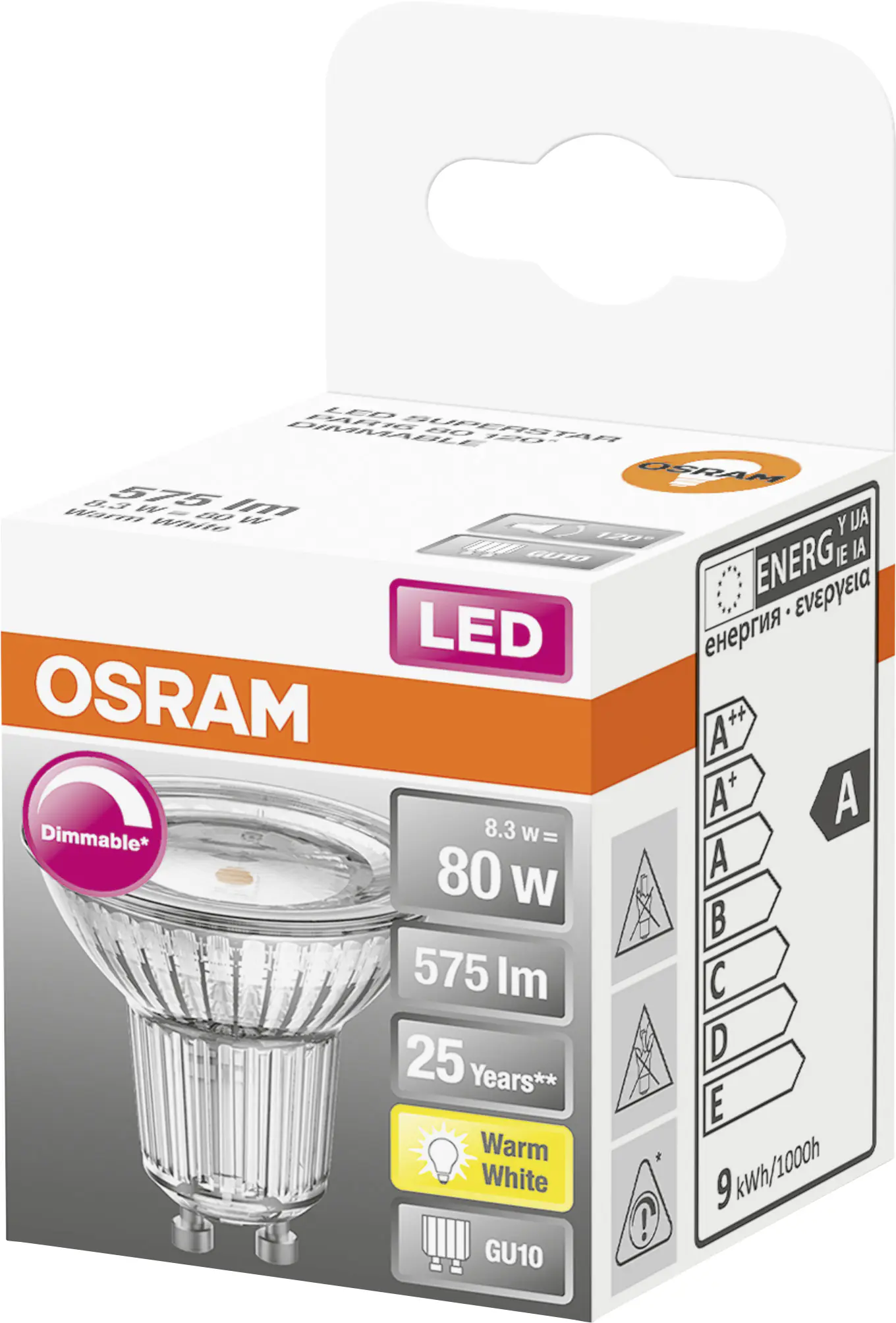 Osram LED Reflektor Superstar PAR16 D80 GU10 7,9W warmweiß, dimmbar, klar