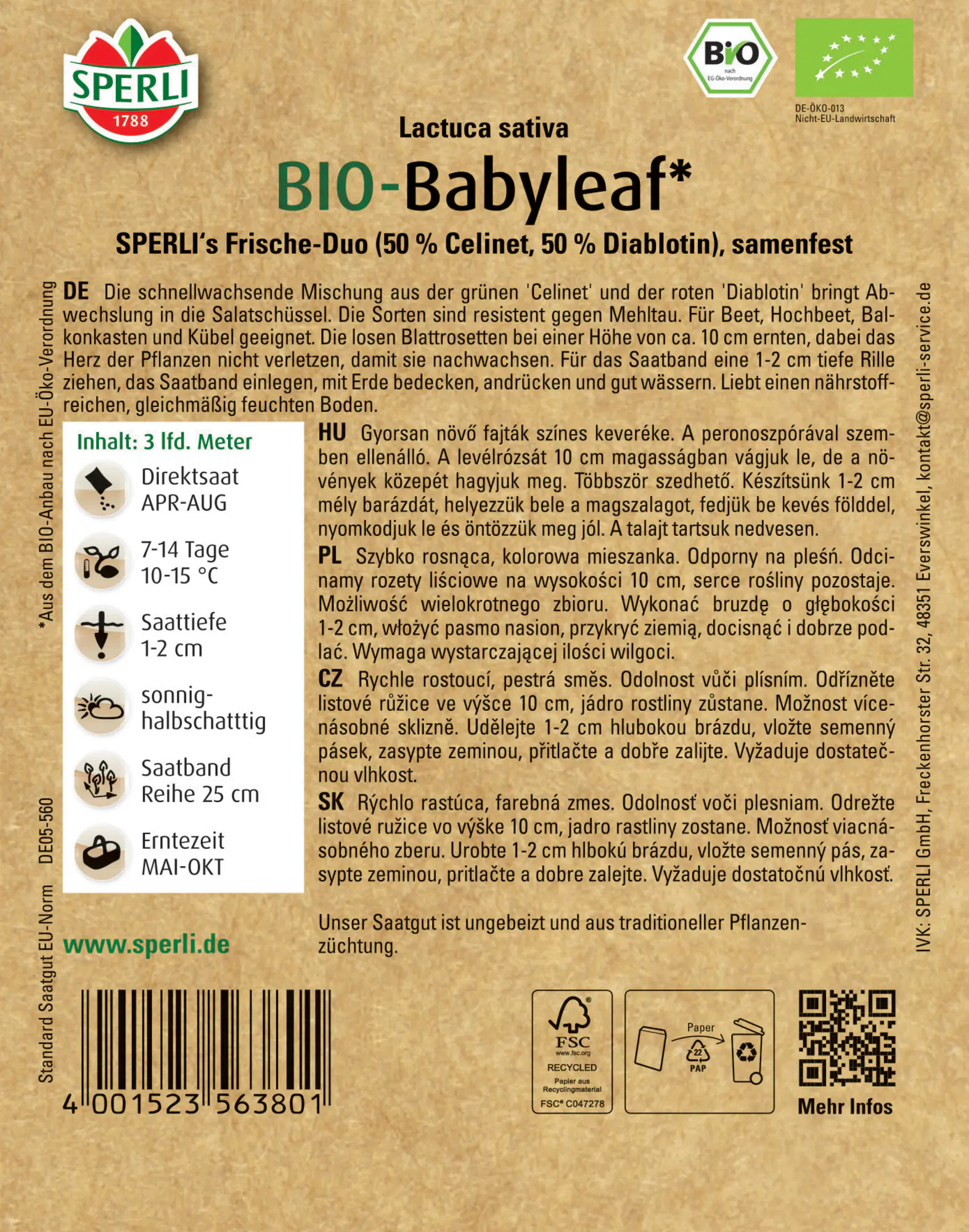 Sperli BIO Babyleafsalat Mischung Saatband