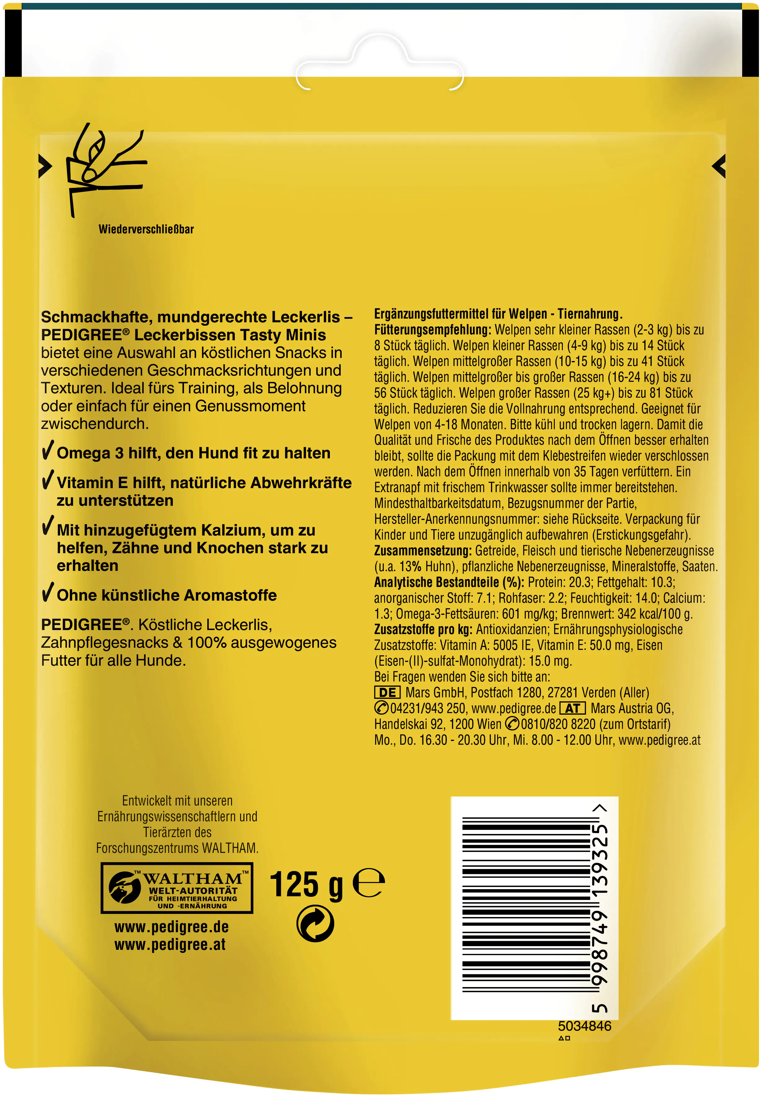 Pedigree Hundesnack Leckerbissen Tasty Minis Junior mit Huhn