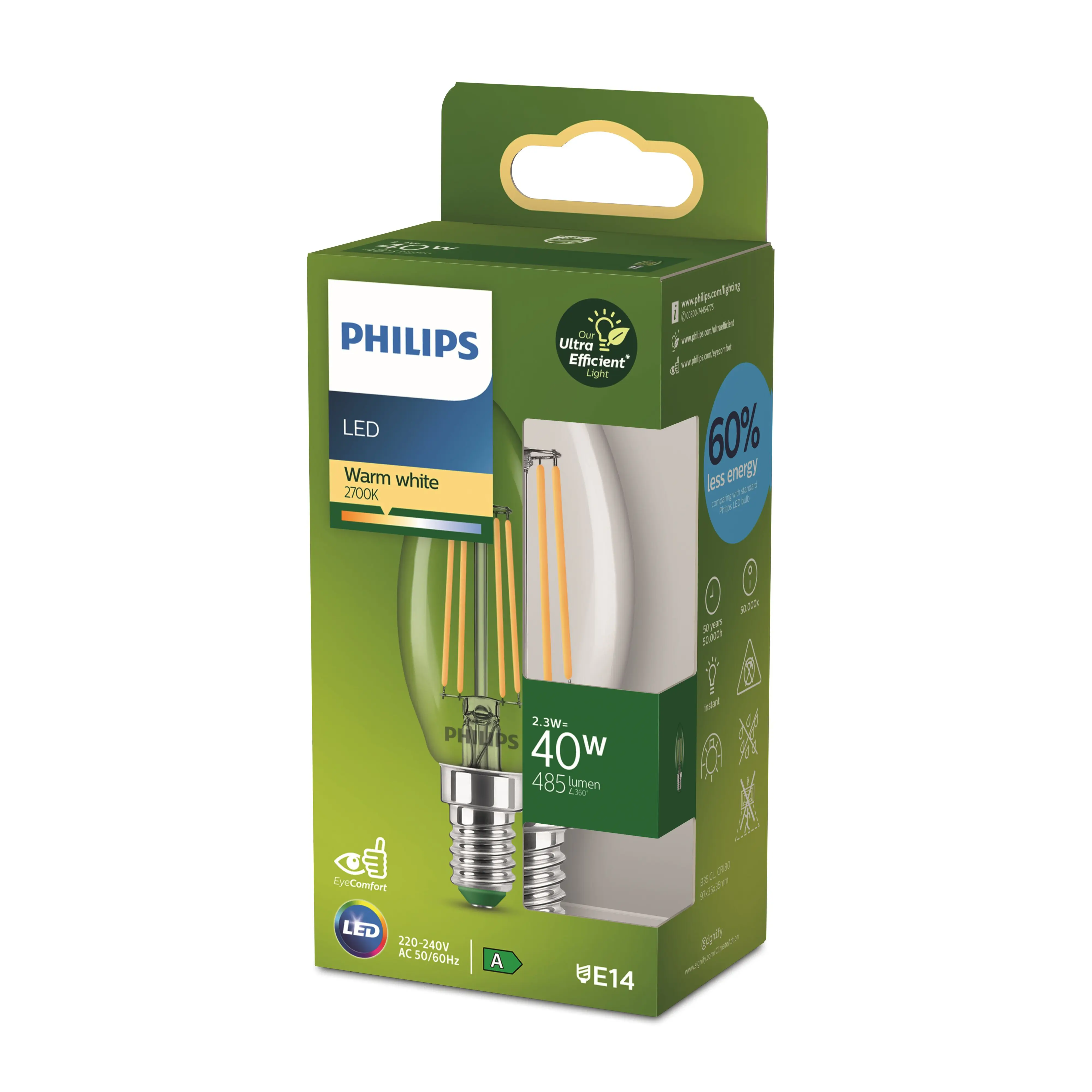 Philips LED Leuchtmittel E14 2,3W 485lm 2700K 