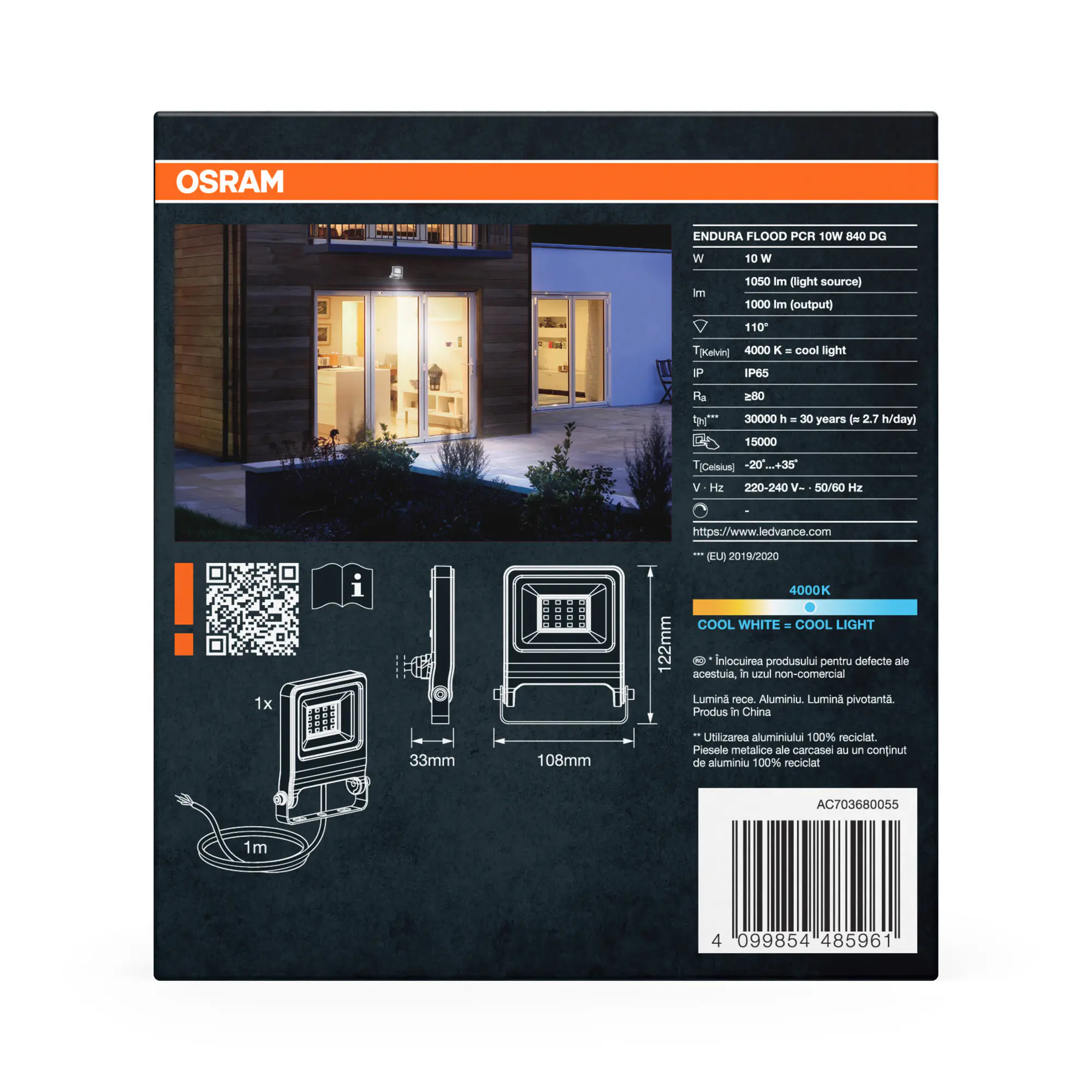 Osram Außenleuchte ENDURA Flood 10W PCR dunkelgrau kaltweiß