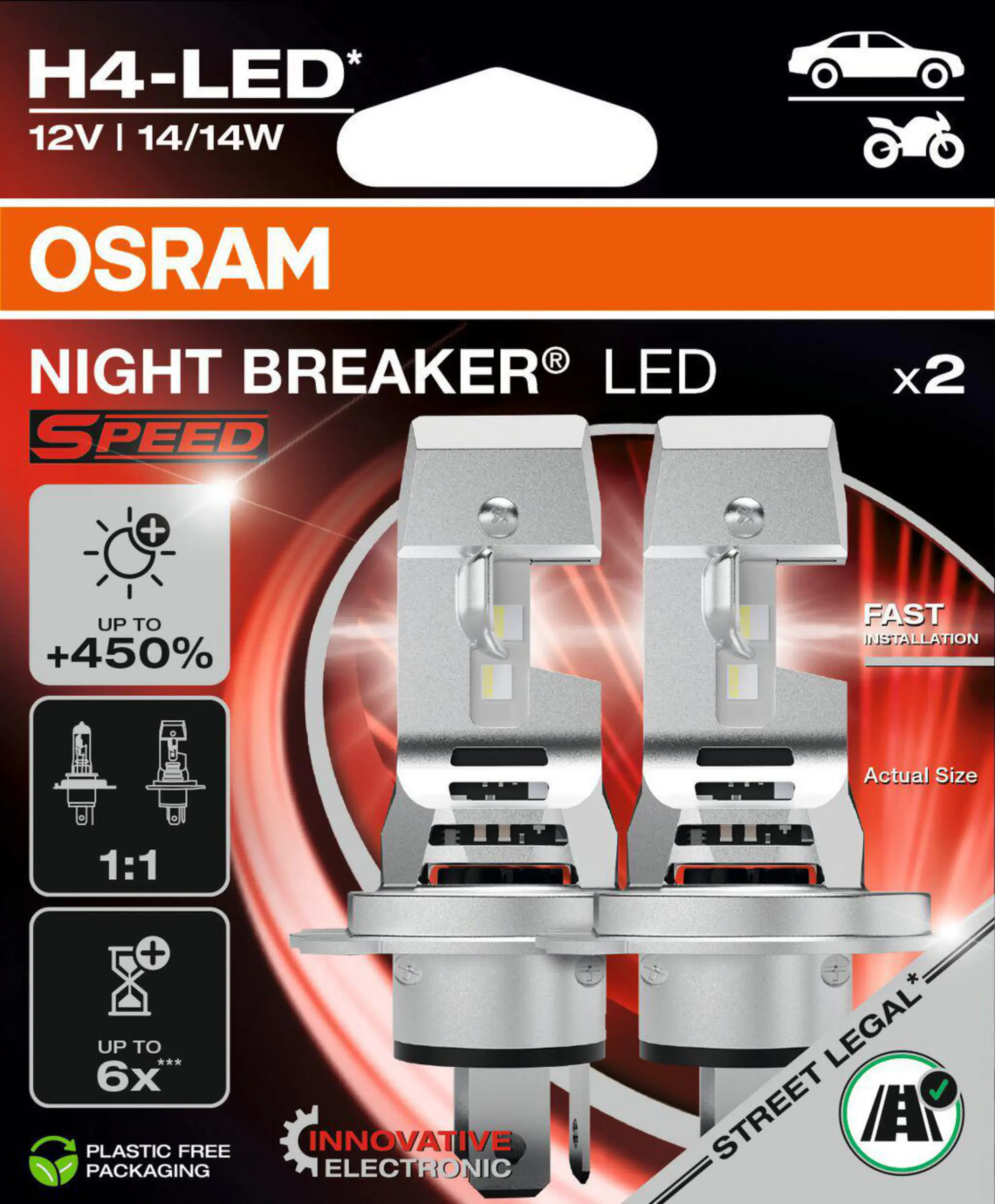 Osram Scheinwerferlampe H4 Night Breaker LED Speed 450 2 Stück