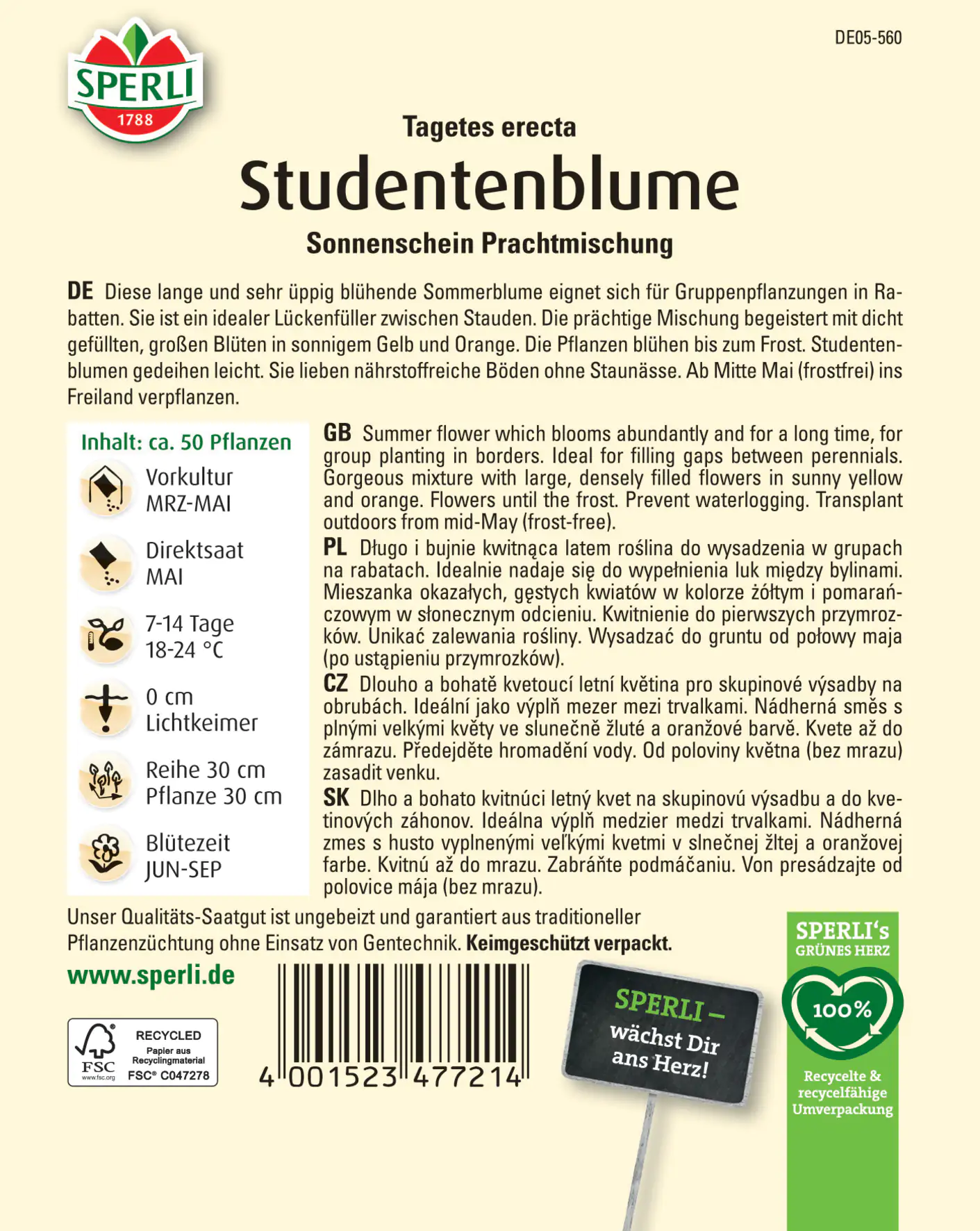 Sperli Studentenblume Sonnenschein Prachtmischung