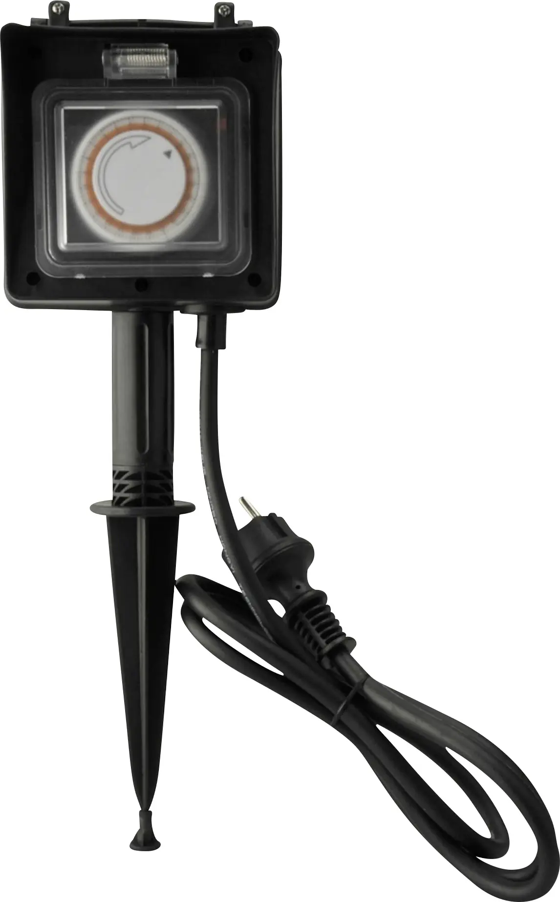 Erdspieß 2 Steckdosen, 1 mechanische Zeitschaltuhr, 1,5 m Zuleitung Erdspieß 2 Steckdosen, 1 mechanische Zeitschaltuhr, 1,5 m Zuleitung