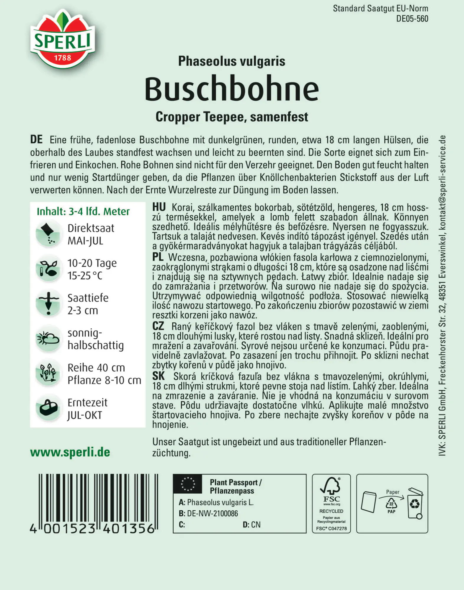 Sperli Buschbohne Cropper Teepee