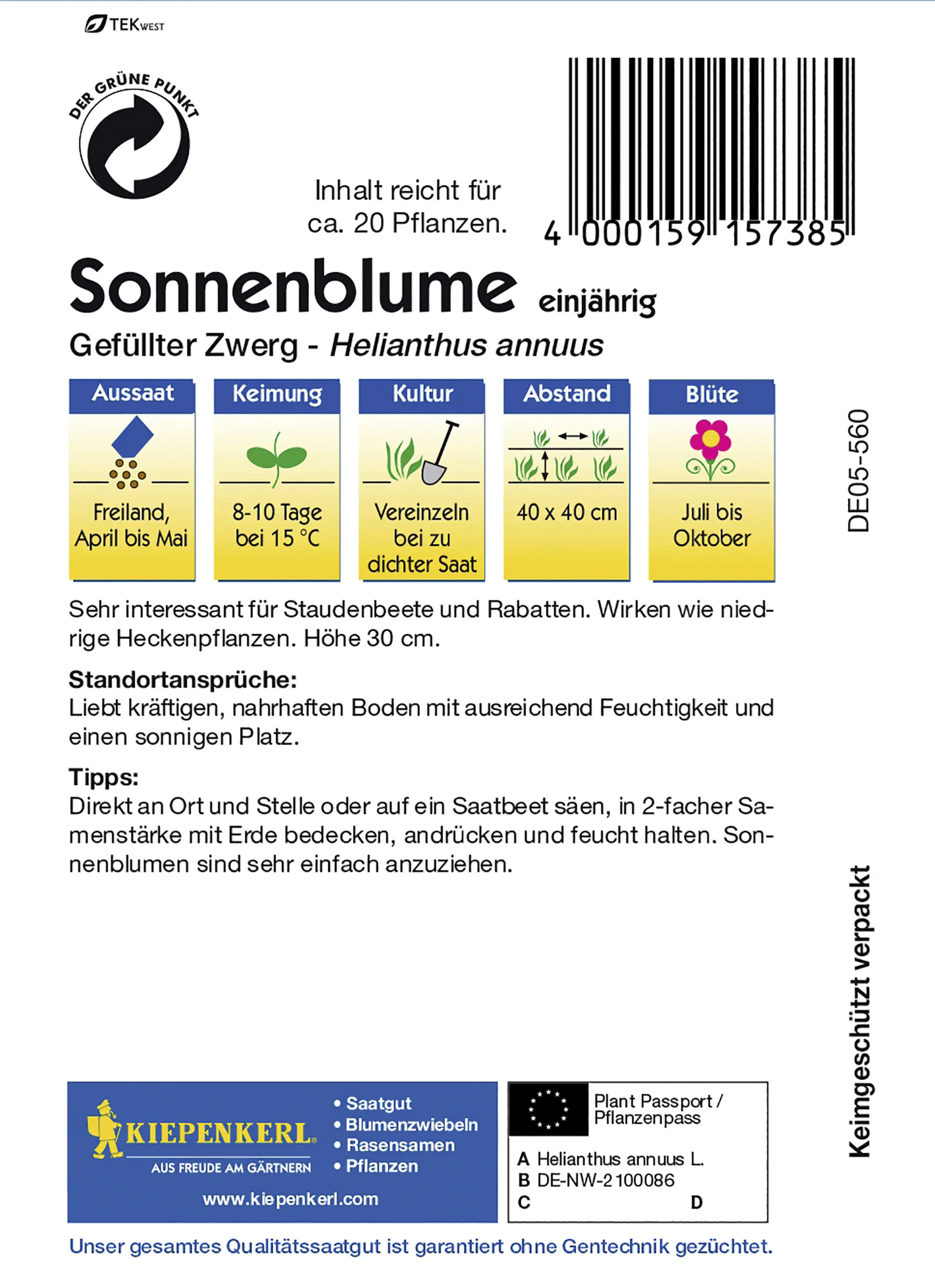 Kiepenkerl Sonnenblume Gefüllter Zwerg Inhalt reicht für ca. 20 Pflanzen