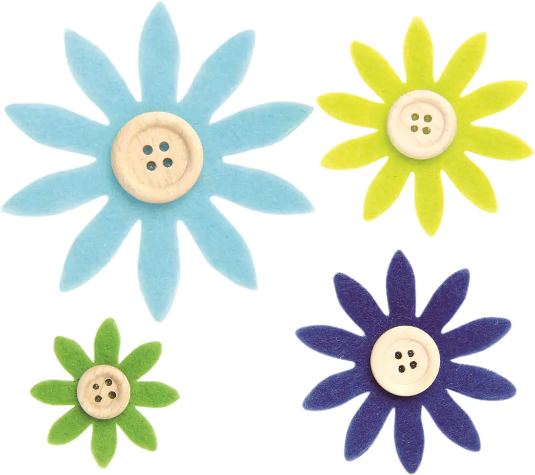 Glorex Filzblumen 12 Stück, 3,5 - 7 cm, hellblau, dunkelblau, grün