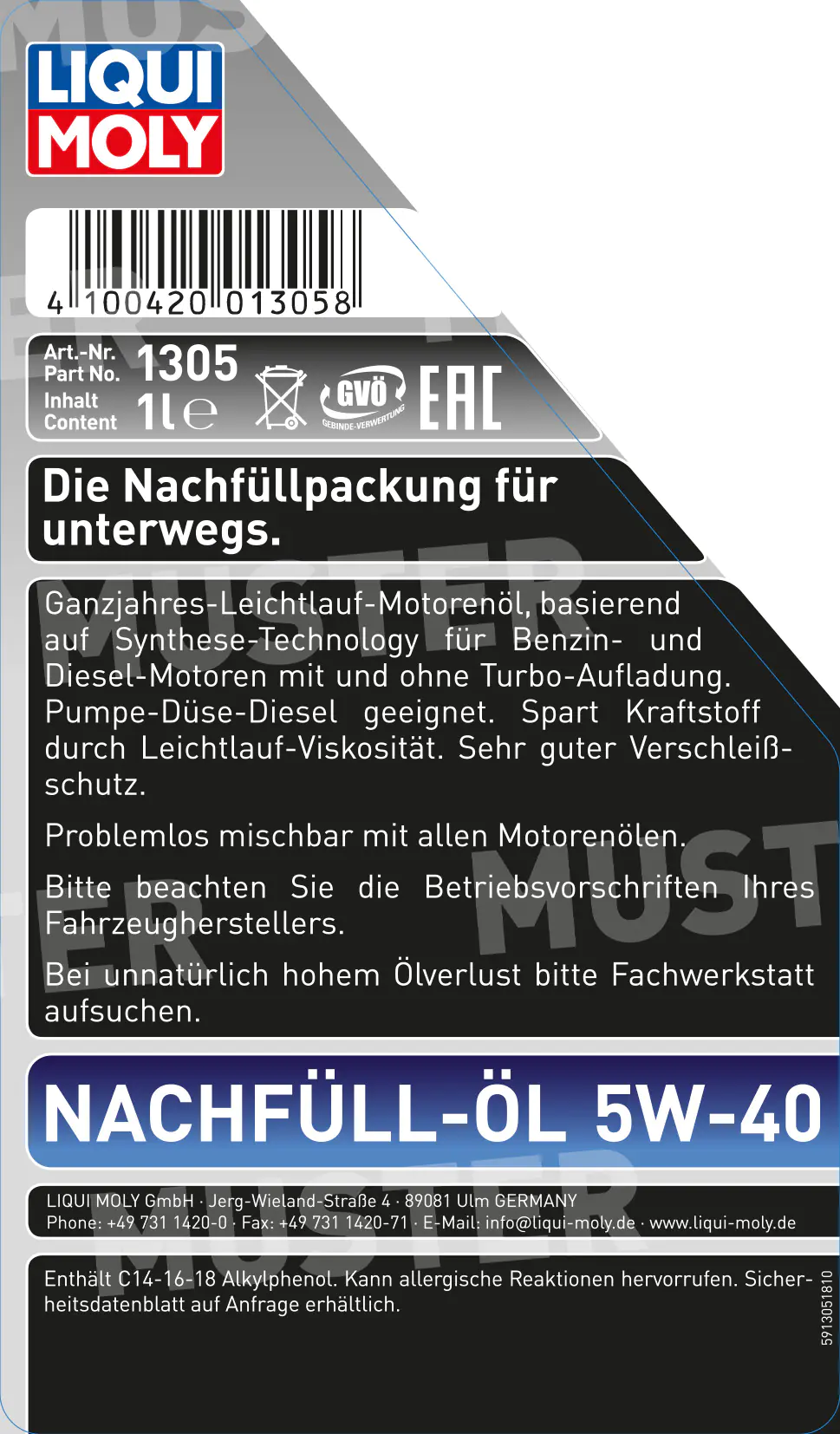 Liqui Moly Motoröl 5W-40 Nachfüll-Öl 1 L Liqui Moly Motoröl 5W-40 Nachfüll-Öl 1 L