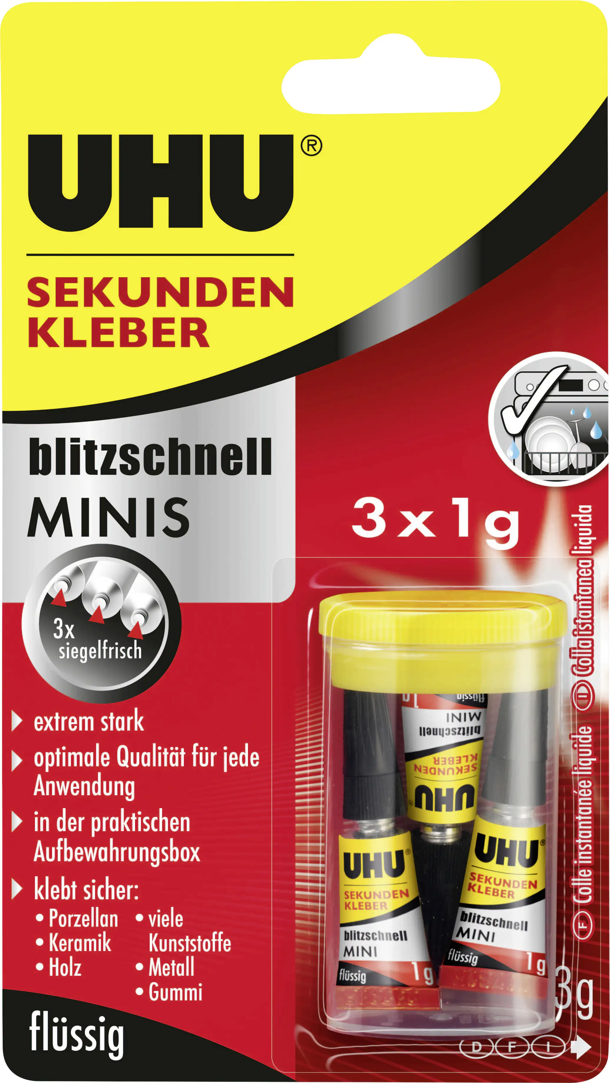 4026700454154_1125831 UHU Sekundenkleber blitzschnell Minis 3 g (3 x 1 g), flüssig, in der praktischen Box