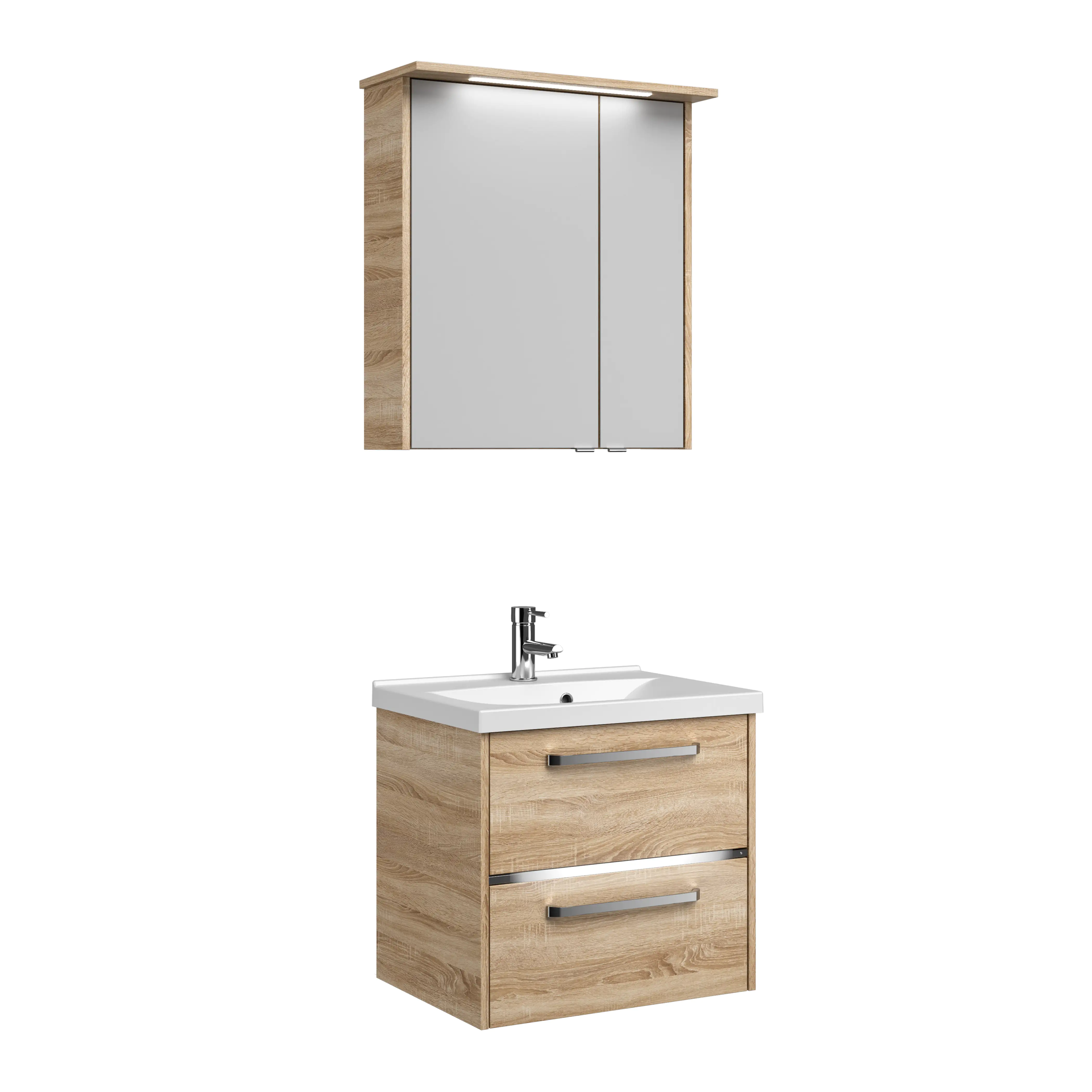 Primaster Badmöbelset Berlin eiche 65 cm Twin LED, Mineralgusswaschtisch