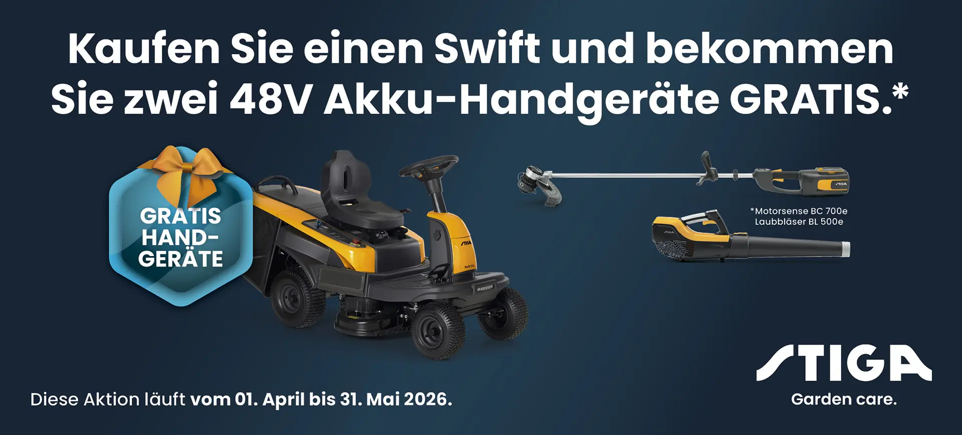 Stiga Akku-Rasentraktor Swift 372e  inkl. 4x5 Ah Akku (48 Volt) & 2 Gratis Handgeräte
