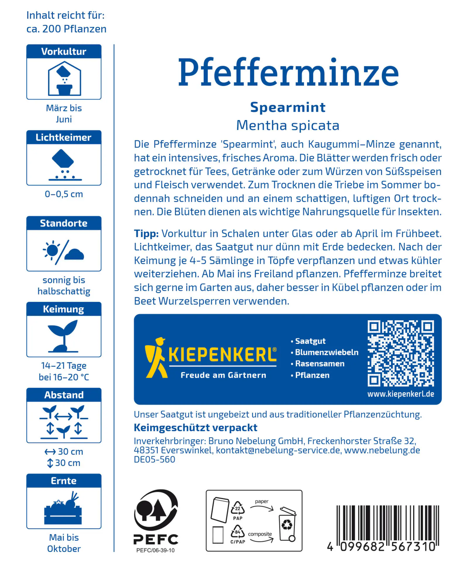 Kiepenkerl Kräutersamen Pfefferminz Spearmint für ca. 200 Pflanzen