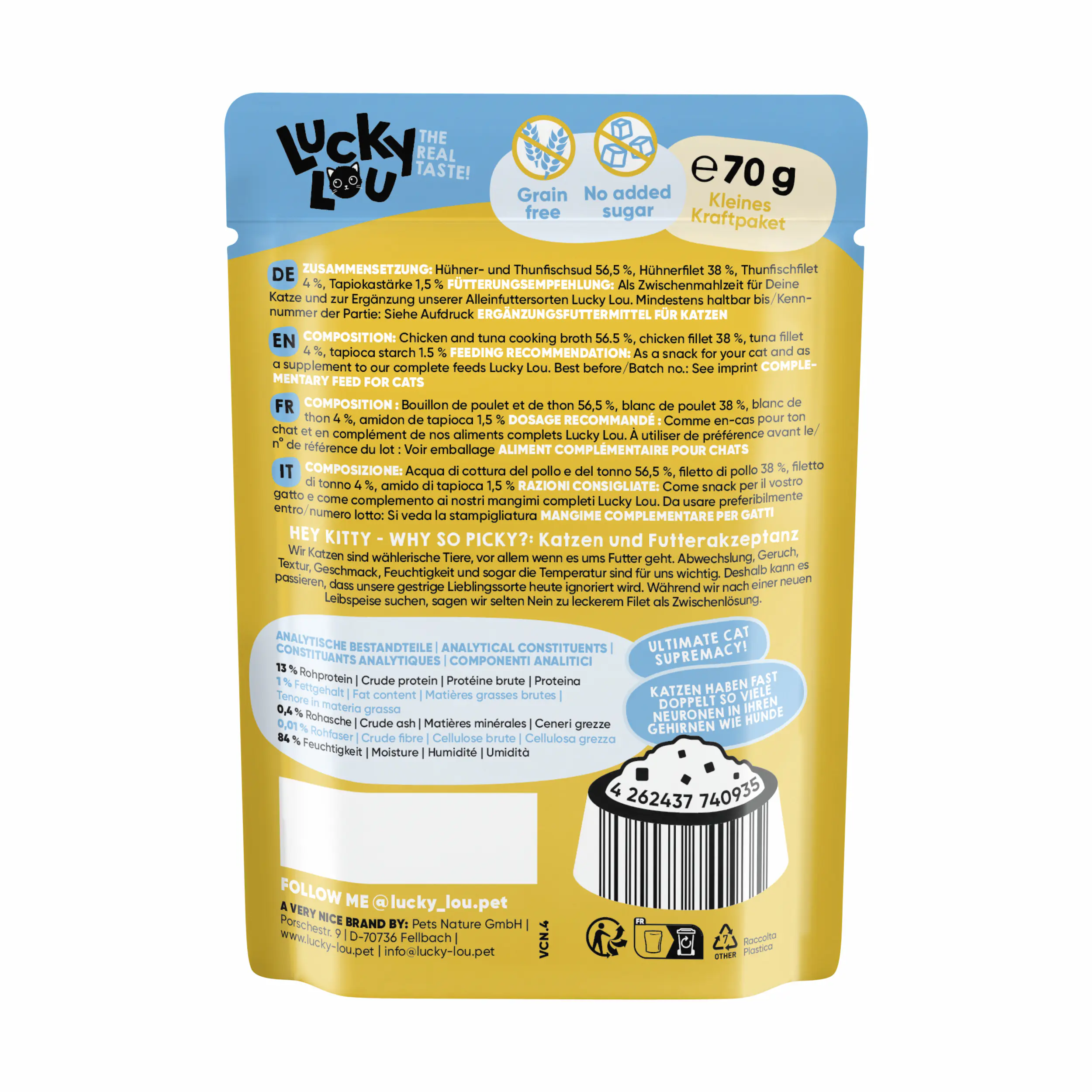 Lucky Lou Extrafood Katzennassfutter Adult getreidefrei 70 g Hühner- & Thunfischfilet in Sud