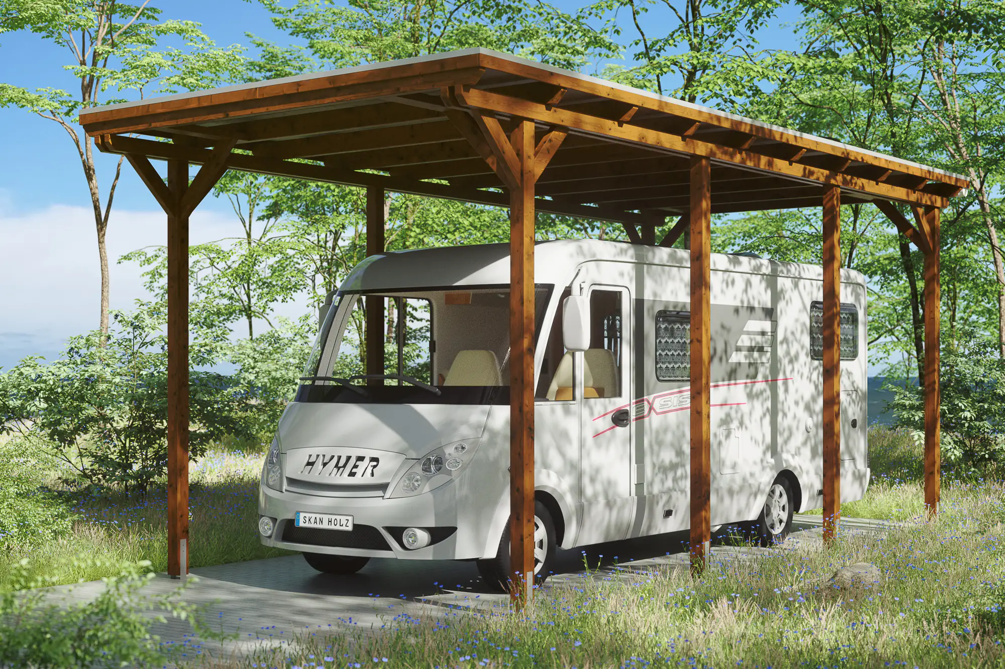 SKAN HOLZ Carport Emsland Caravan 404 x 846 cm, lasiert in Nussbaum