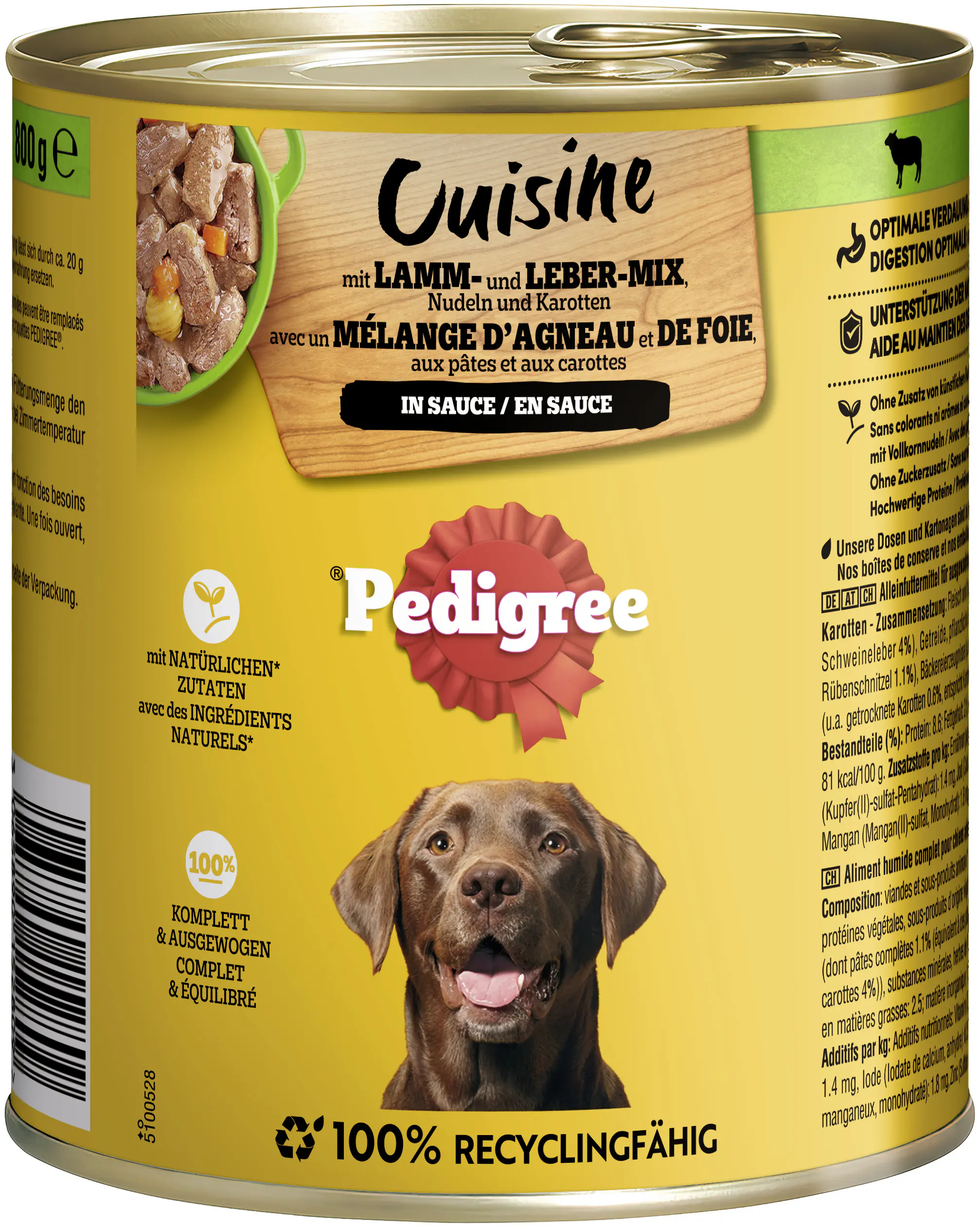 Pedigree Hundenassfutter Cuisine Dose 800 g Lamm, Leber, Nudeln & Karotten in Sauce