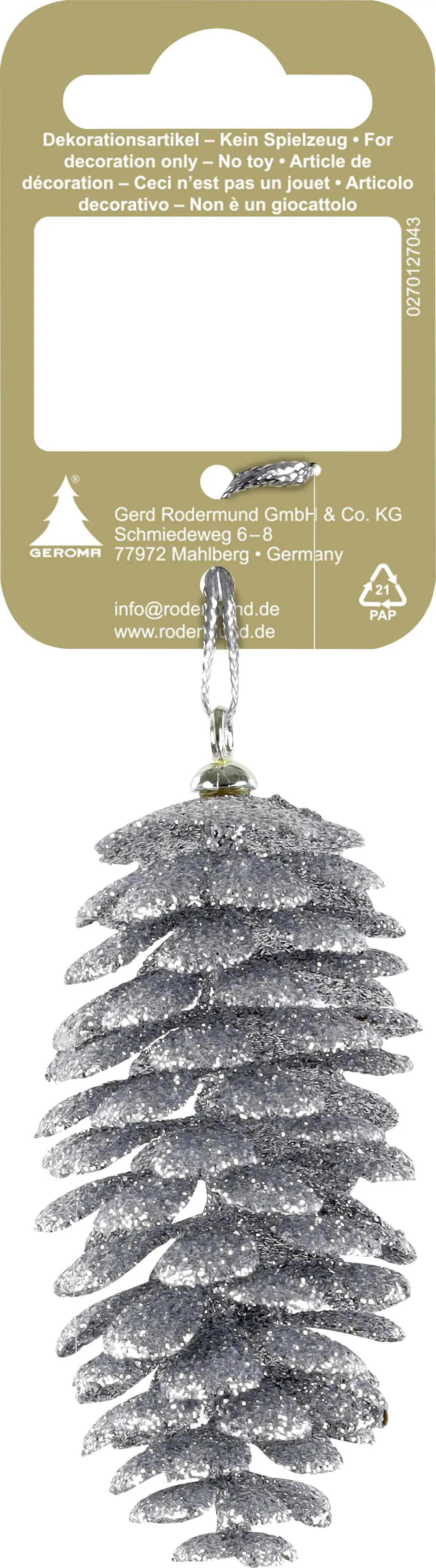 Weihnachtsanhänger Tannenzapfen aus Kunststoff 8 cm silber