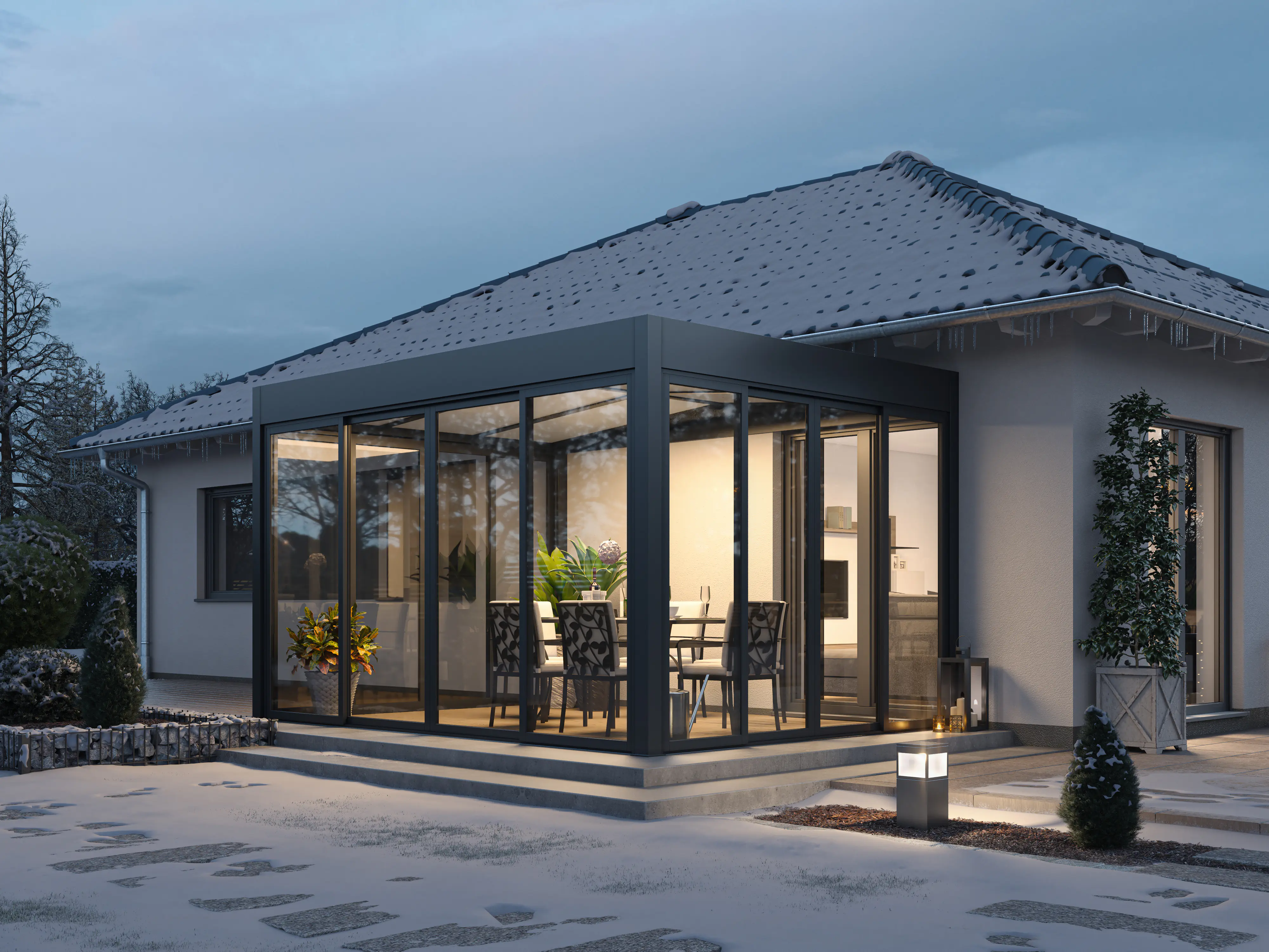 Wintergarten Modern 400 x 300 cm mit Glasschiebetüren grau