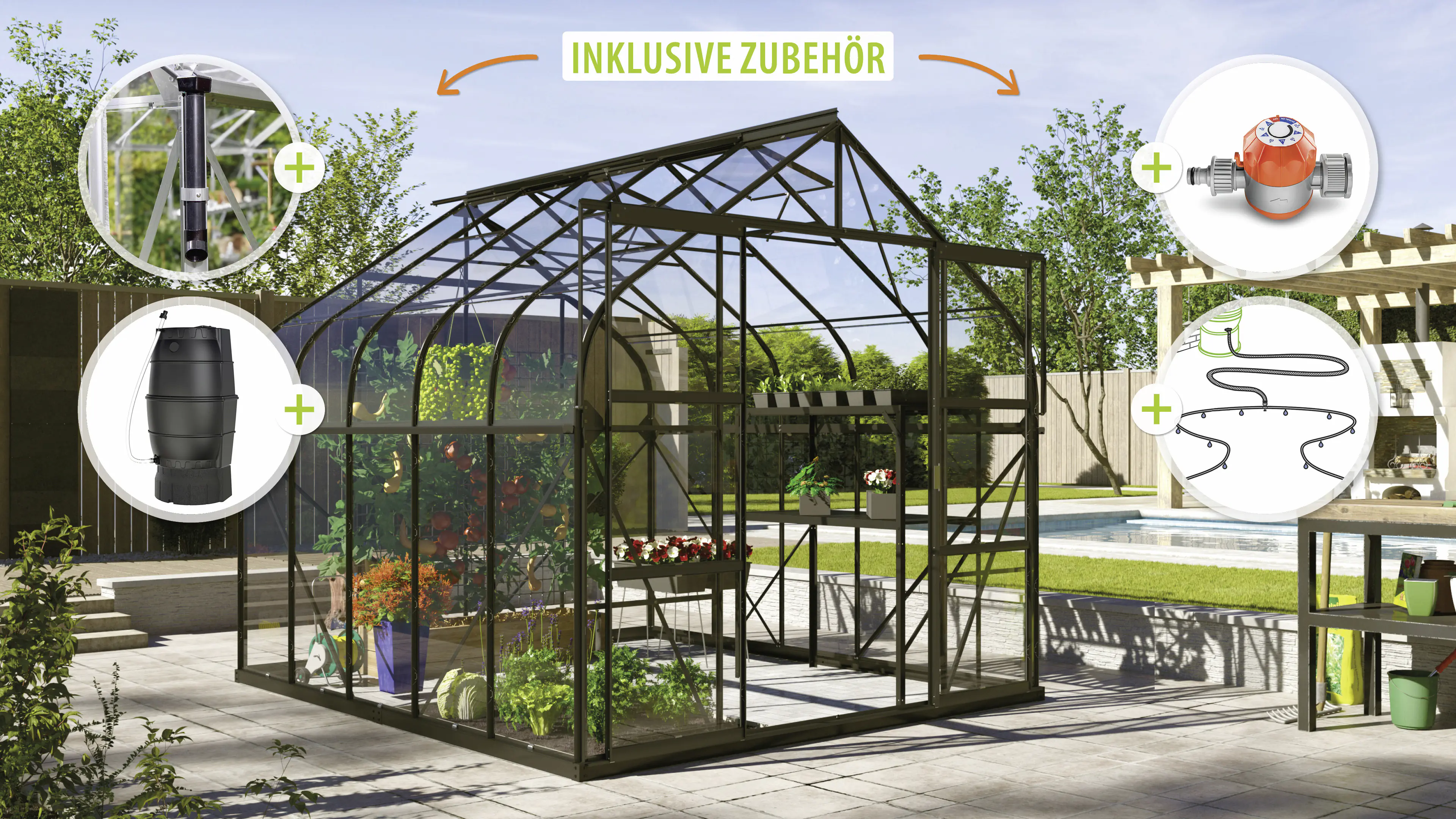 Vitavia Gewächshaus-Set Dione 8300 ESG 3 mm schwarz 254 x 317 cm 