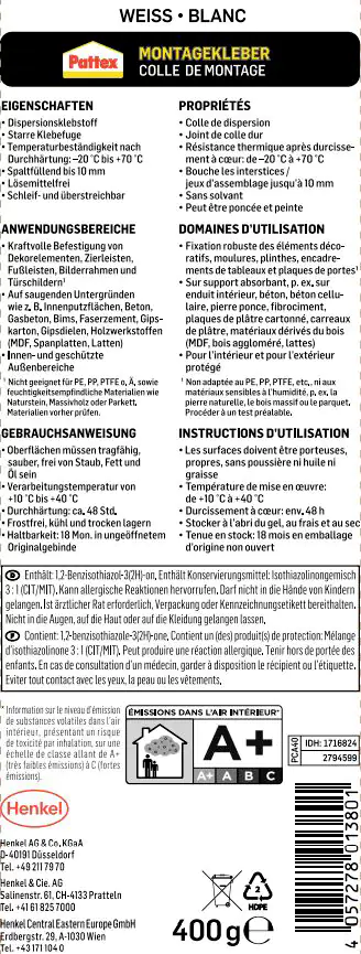 Pattex Montagekleber 400 g Kartusche, weiß Pattex Montagekleber 400 g Kartusche, weiß