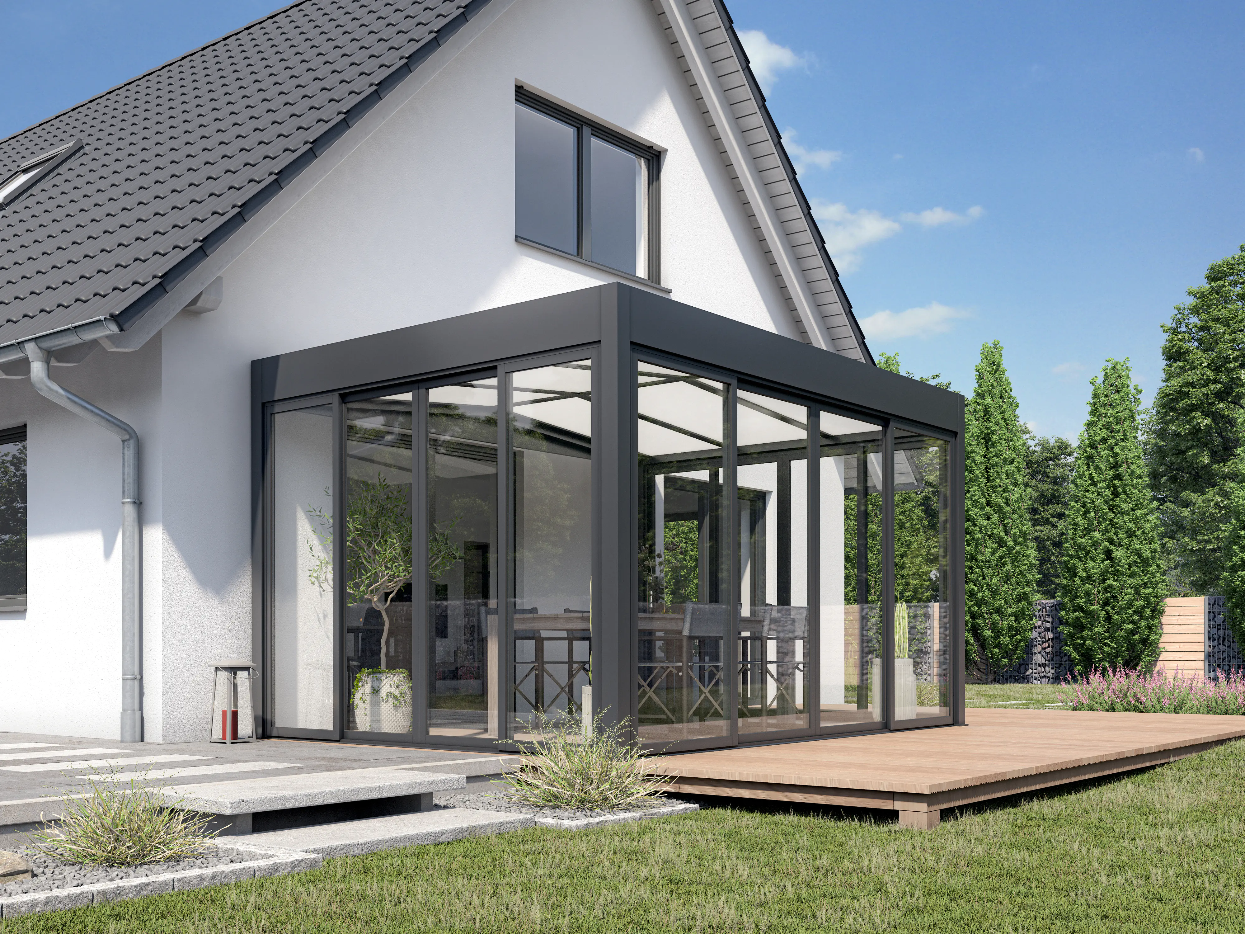 Wintergarten Modern 500 x 300 cm mit Glasschiebetüren grau