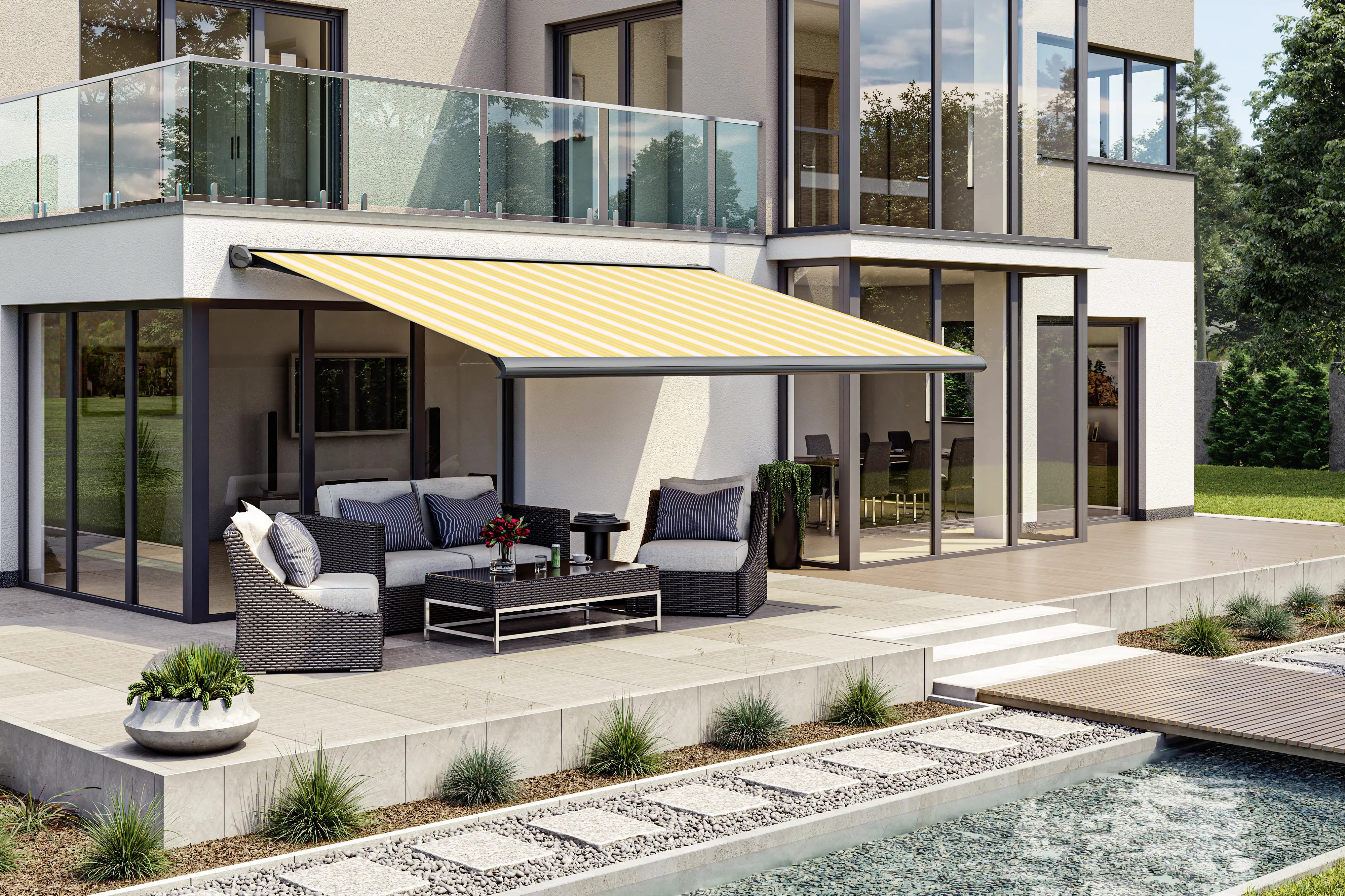 Kassettenmarkise S-Compact grau-gelb gestreift inkl. Motor, Aufputzschalter