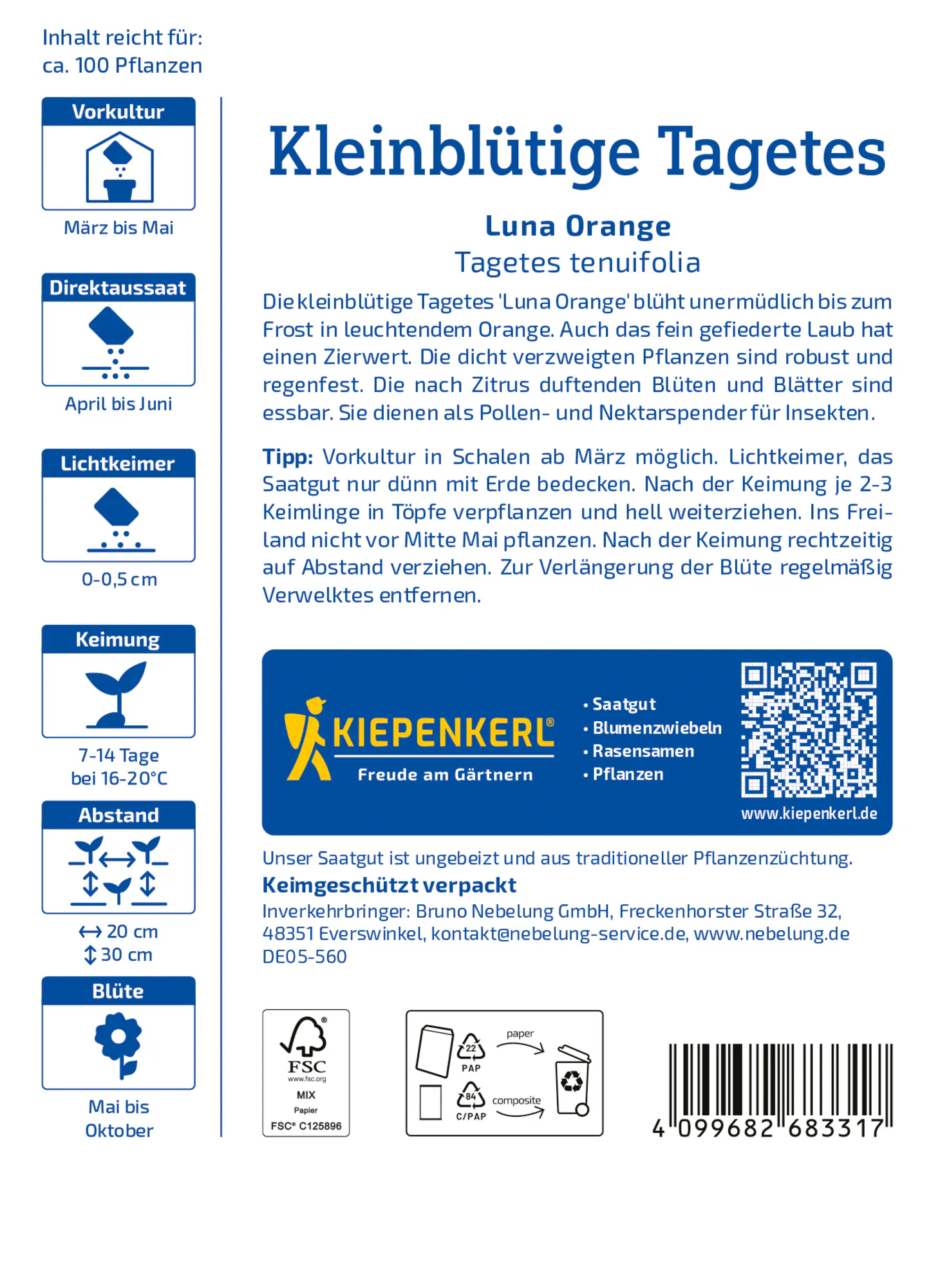 Kiepenkerl Saatgut Kleinblütige Tagetes Luna Orange für ca. 100 m²
