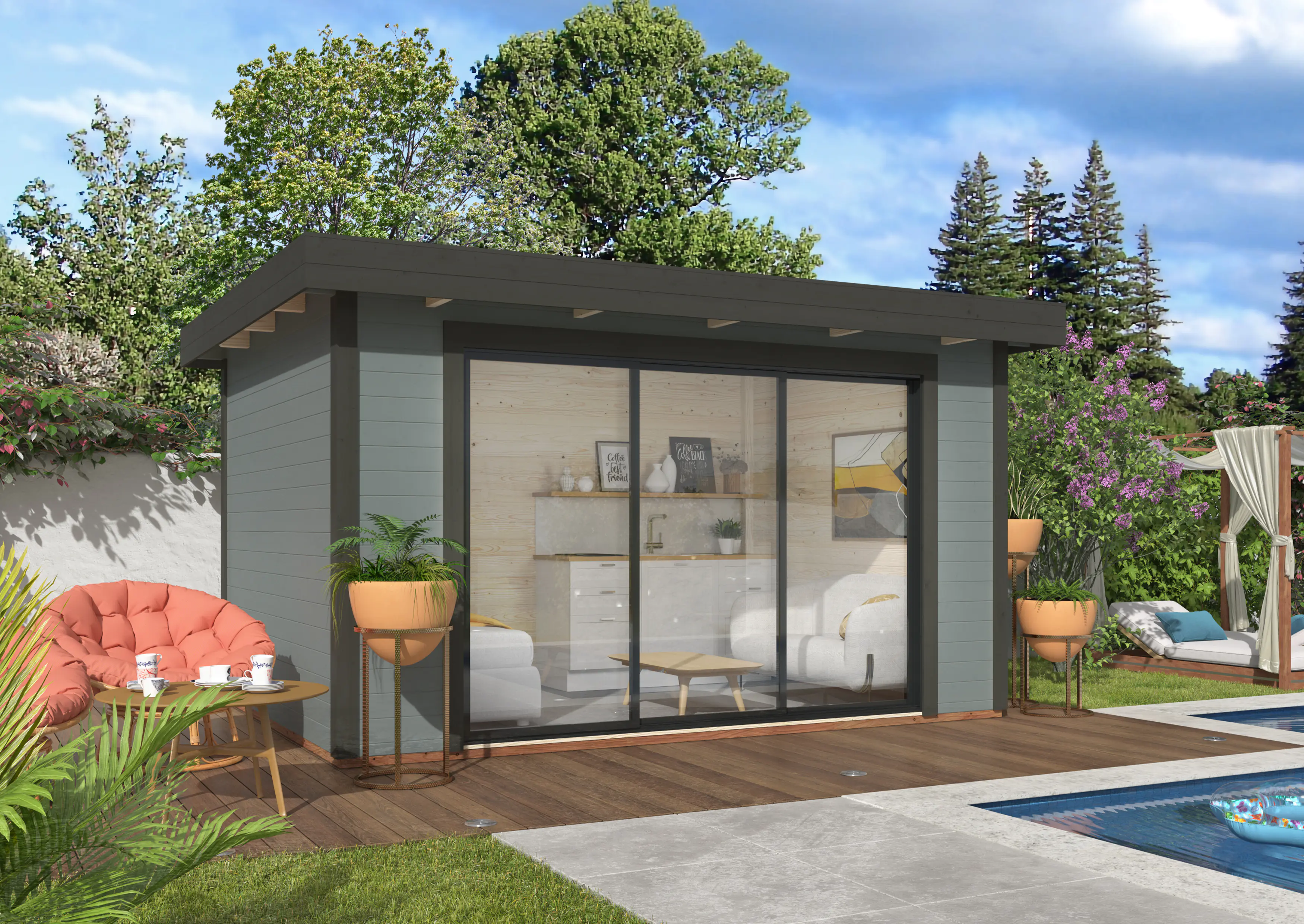 Palmako Gartenhaus Lydia 385 x 291 cm mit Glasschiebetüren grau lackiert Palmako Gartenhaus Lydia 385 x 291 cm mit Glasschiebetüren grau lackiert