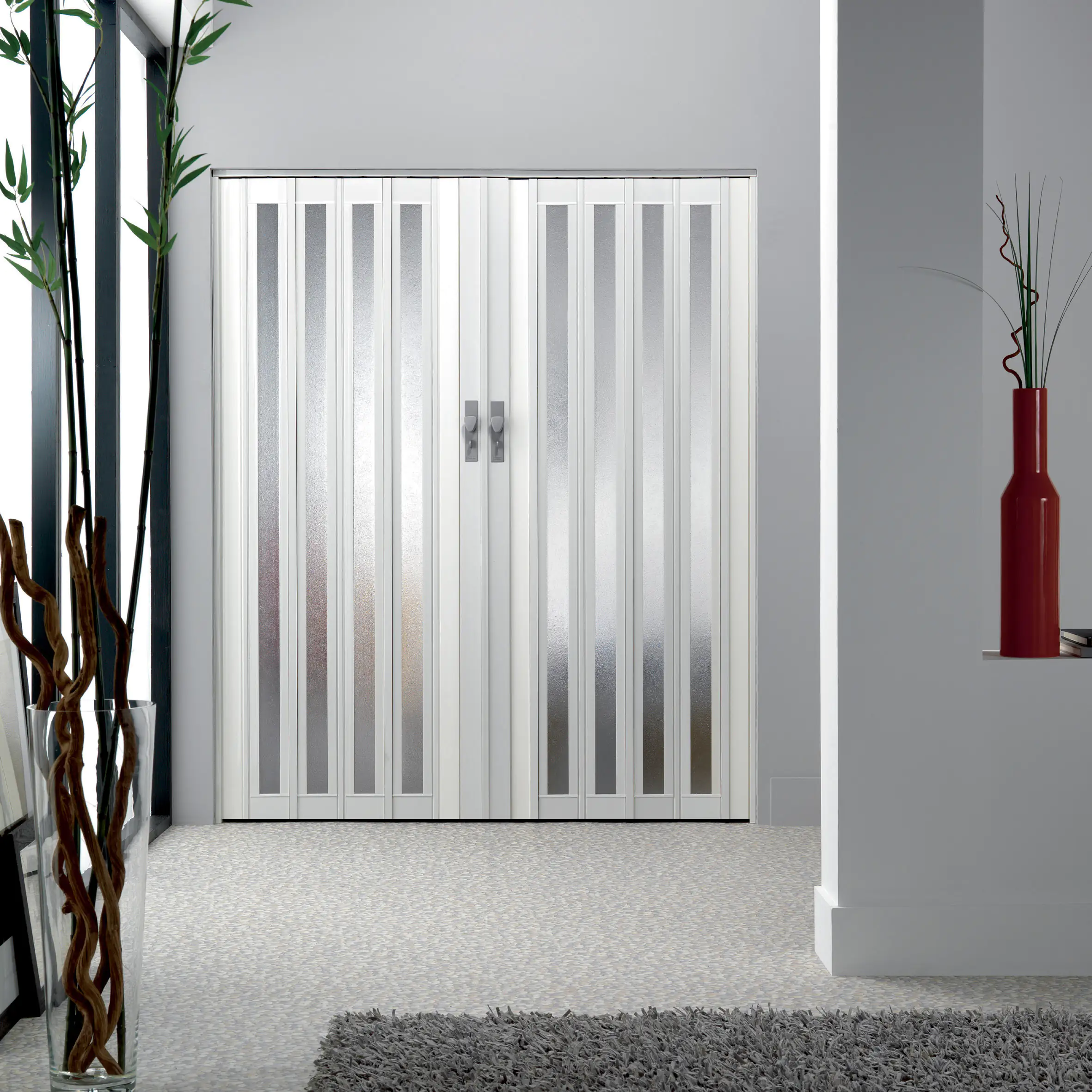 Grosfillex Falttür Larya weiß glänzend 84 x 205 cm mit Kunstglaseinsatz