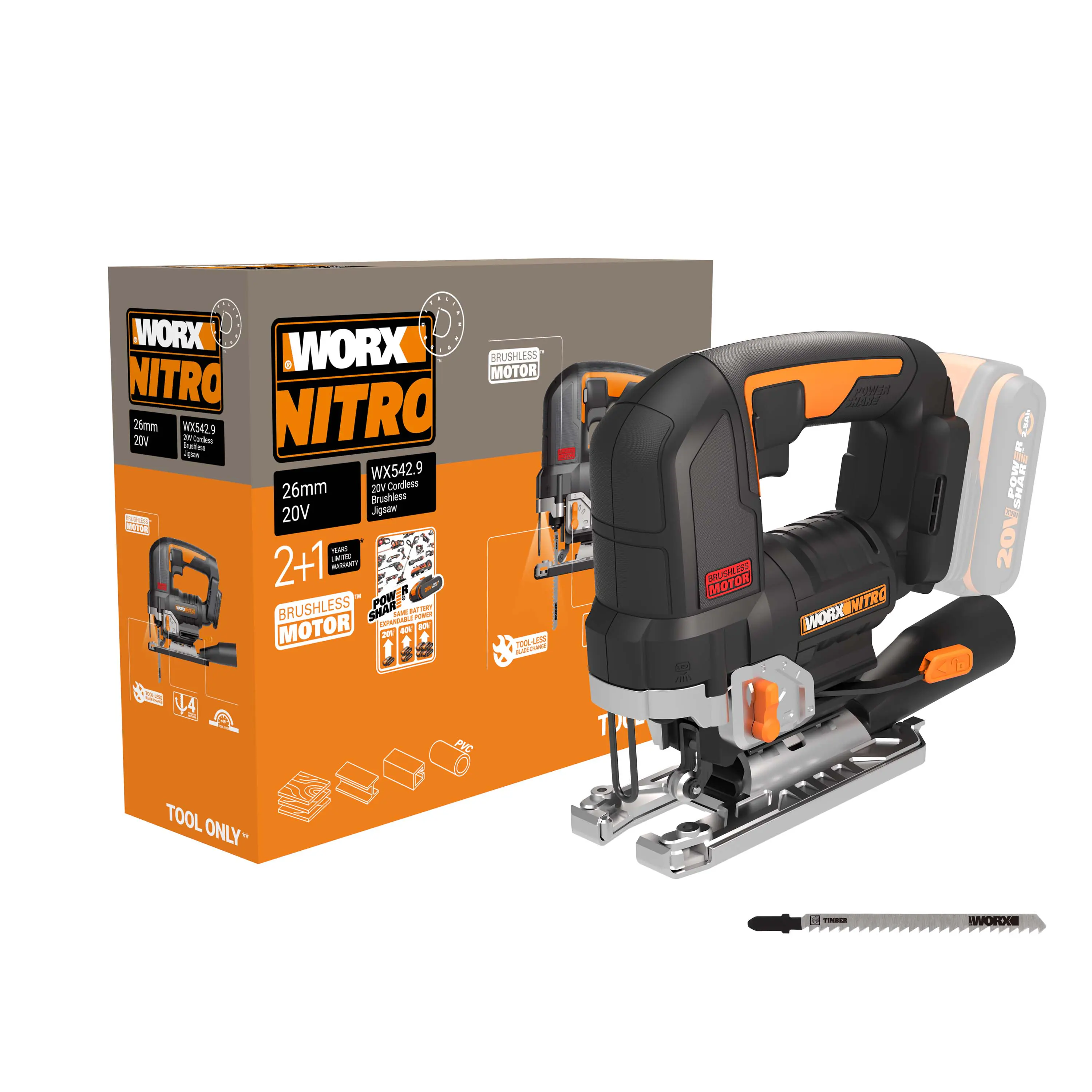 Worx Nitro Akku-Pendelhub-Stichsäge WX542.9 20 V Solo Worx Nitro Akku-Pendelhub-Stichsäge WX542.9 20 V Solo