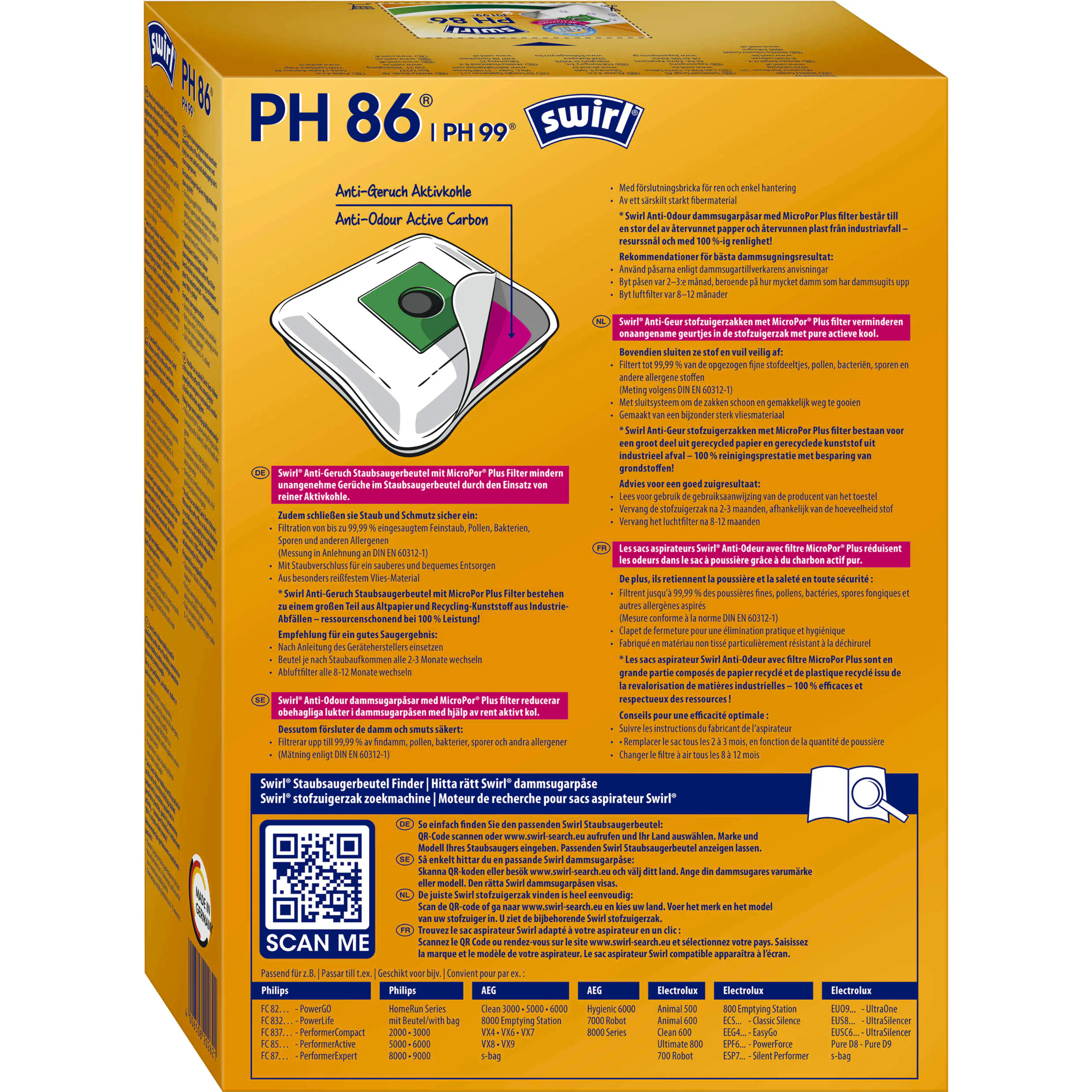 Swirl PH 86 / PH 99 EcoPor Anti-Geruch Staubsaugerbeutel 4 Staubbeutel + 1 Filter