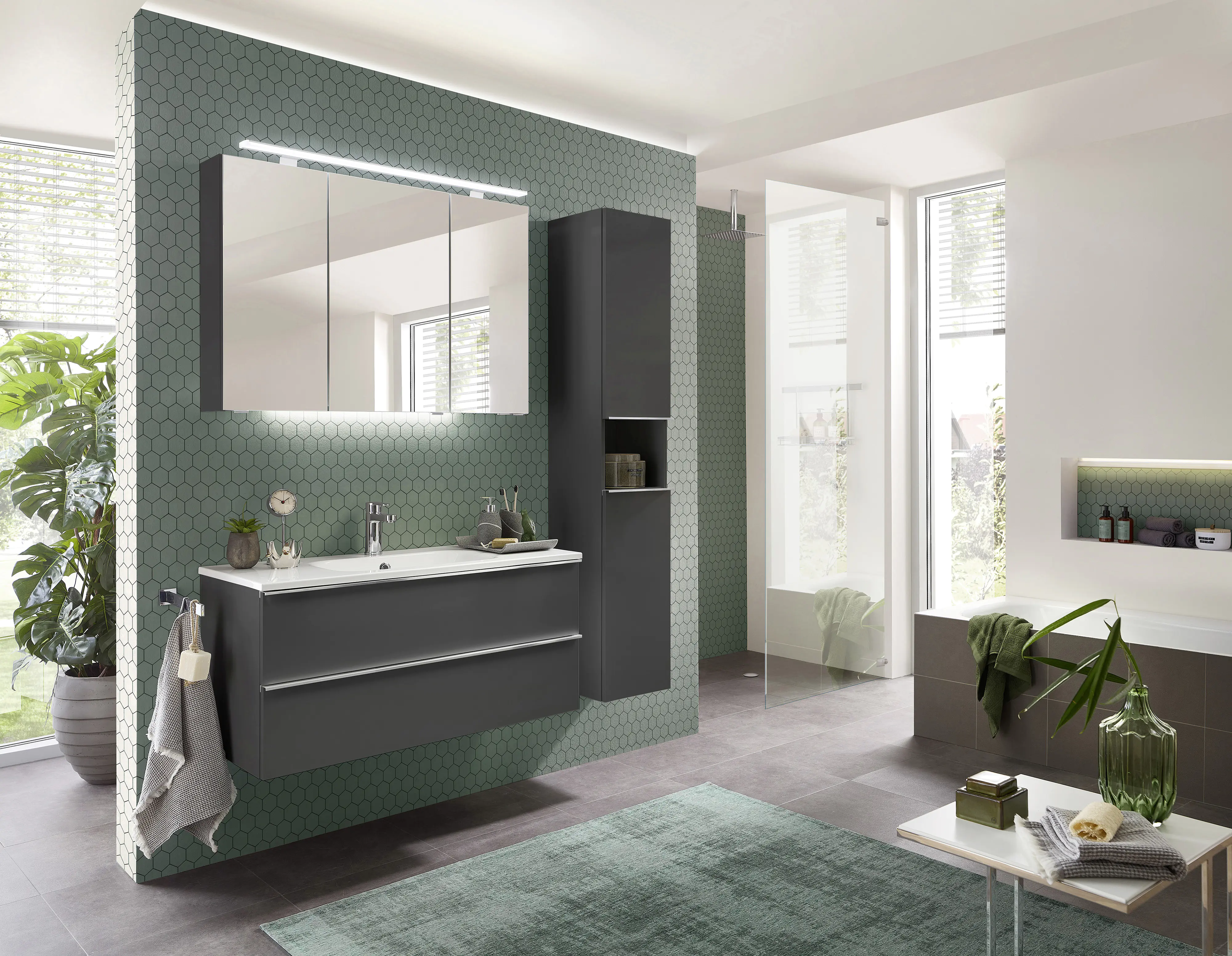 Primaster Bad-Set Düsseldorf grau 101 cm LED-Leuchten, Mineralgusswaschtisch