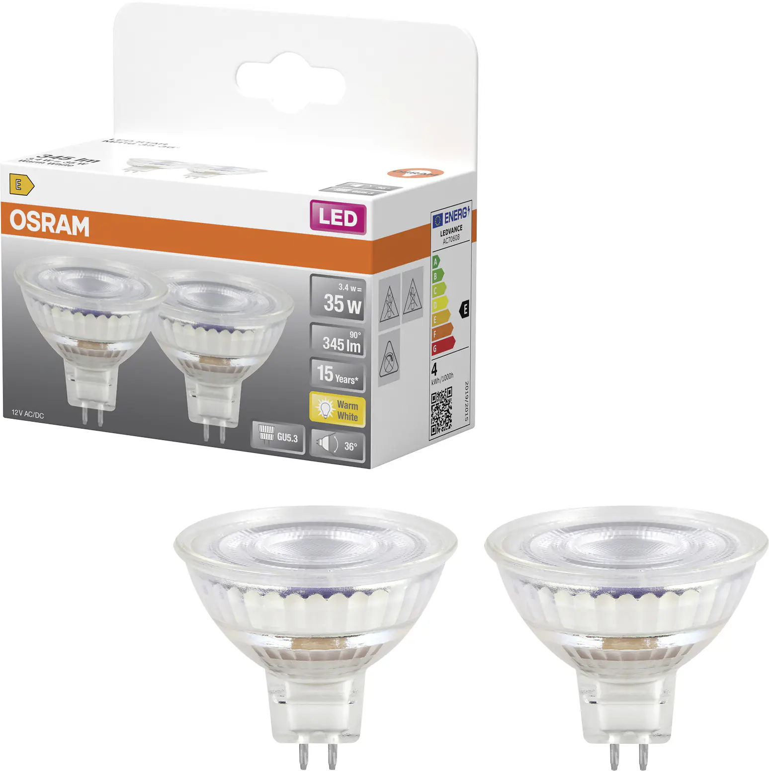 Osram LED Leuchtmittel GU5,3 2er Pack Star MR16 36° 3,4W warmweiß