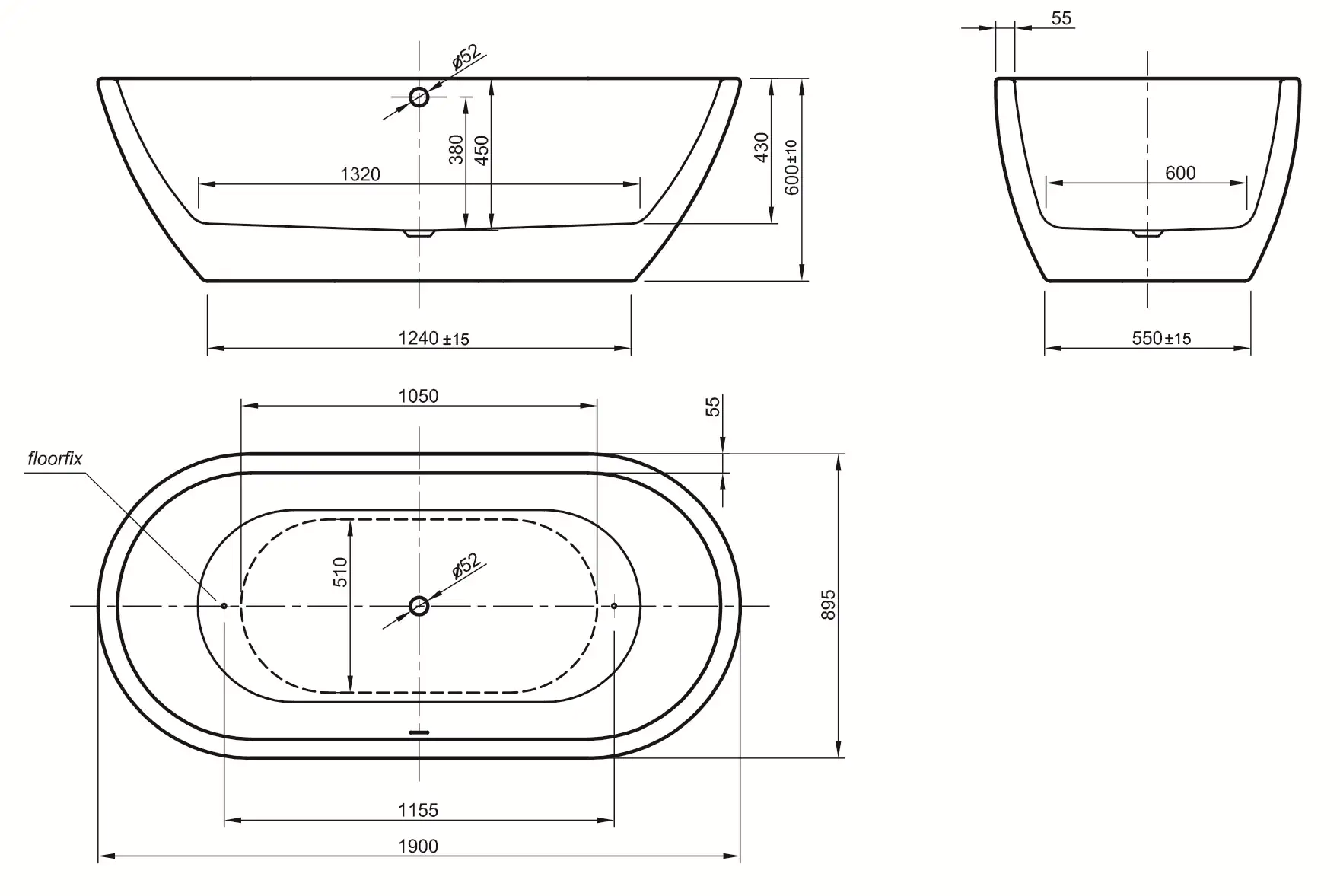Ottofond Freistehende Badewanne Carney 190 x 89,5 x 45 cm, weiß