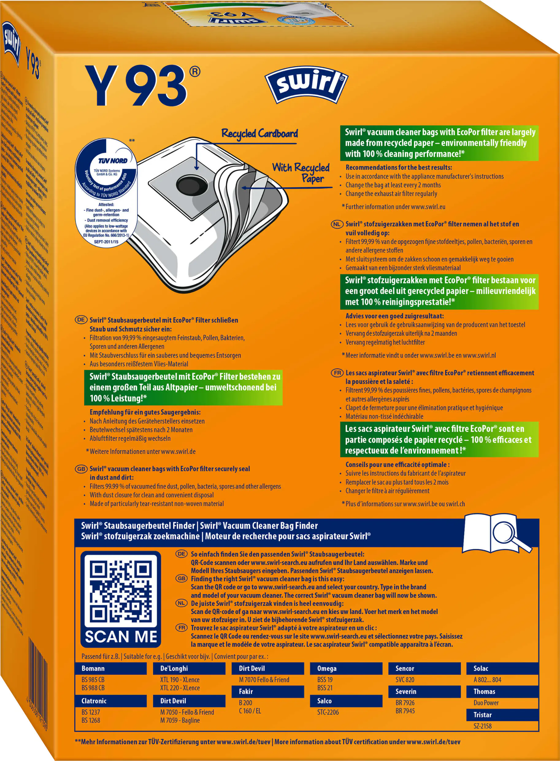 Swirl Y 93 EcoPor Staubsaugerbeutel 4 Staubbeutel + 1 Filter