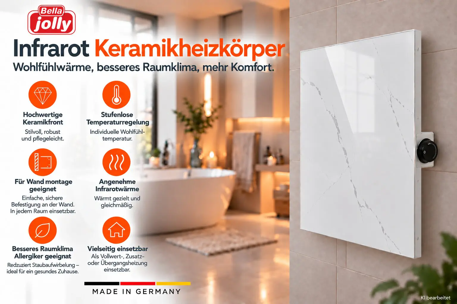 Bella Jolly Infrarot Keramik-Heizkörper 60 cm x 60 cm, 440 Watt mamoroptik 