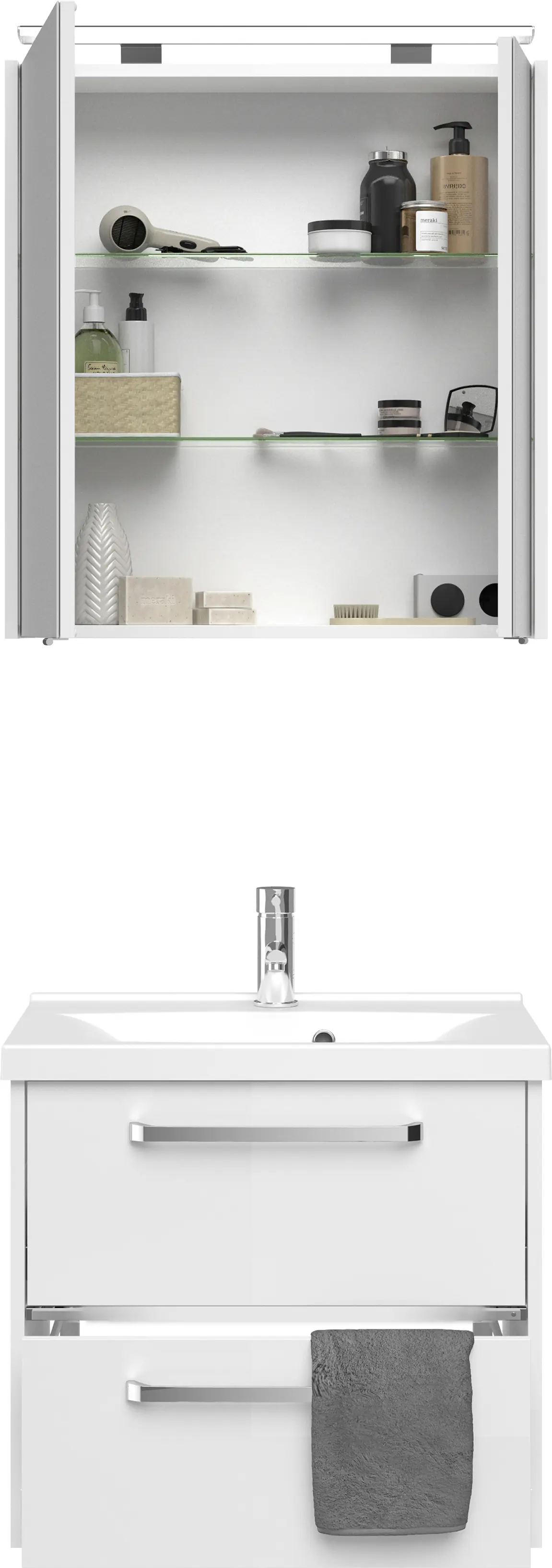 Primaster Badmöbel-Set Berlin weiß 65 cm LED-Leuchten, Mineralgusswaschtisch
