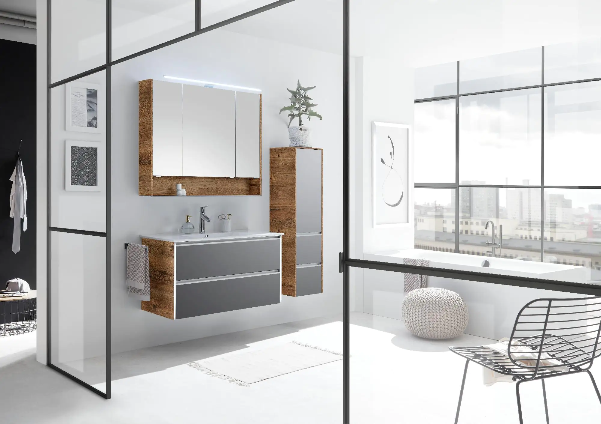 Pelipal Badmöbel-Set 6040 Oxid Hellgrau quer mit Waschplatzbeleuchtung + Midischrank 101 cm