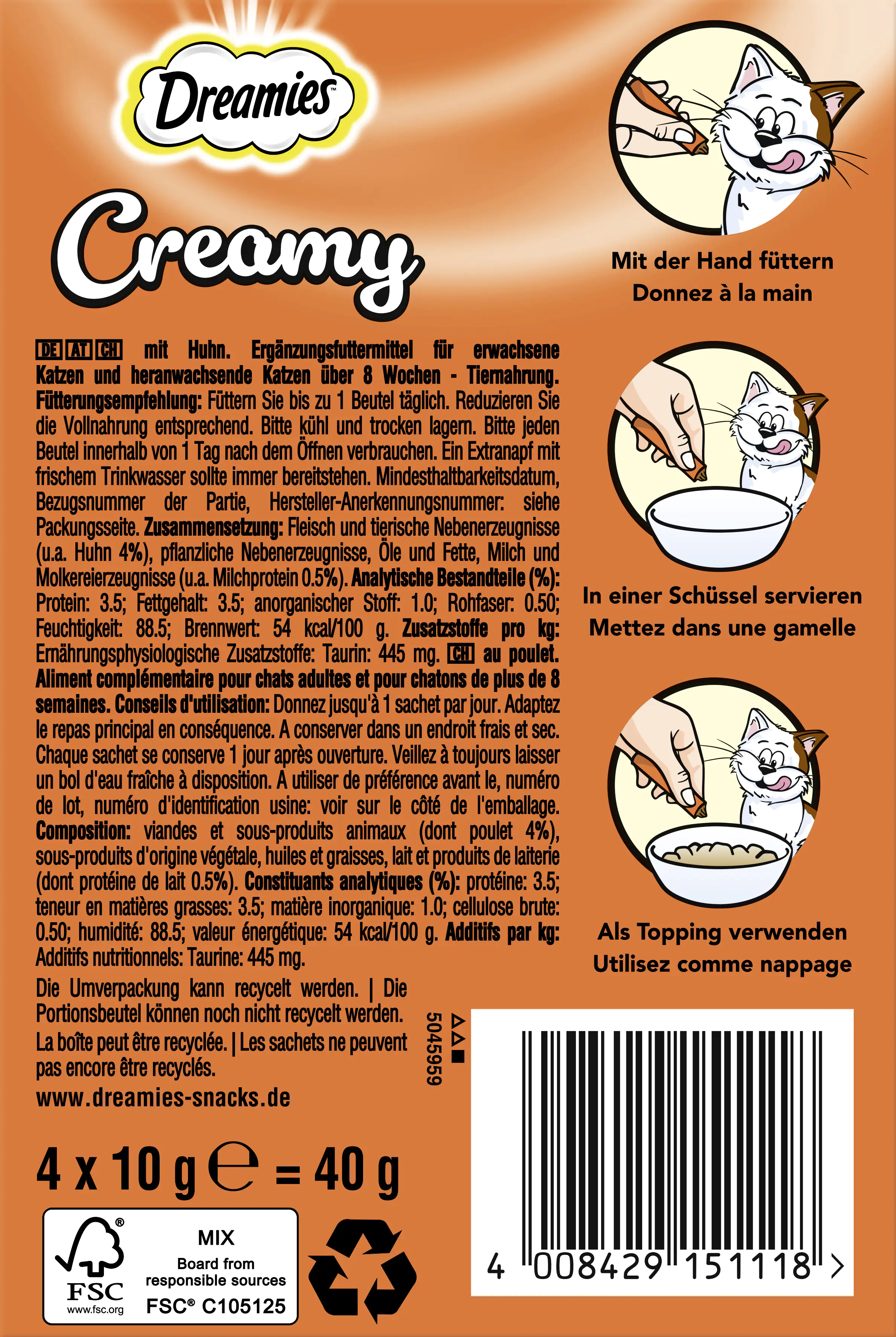 Dreamies Creamy Snacks mit Huhn Katzensnack 4 x 10 g Multipack