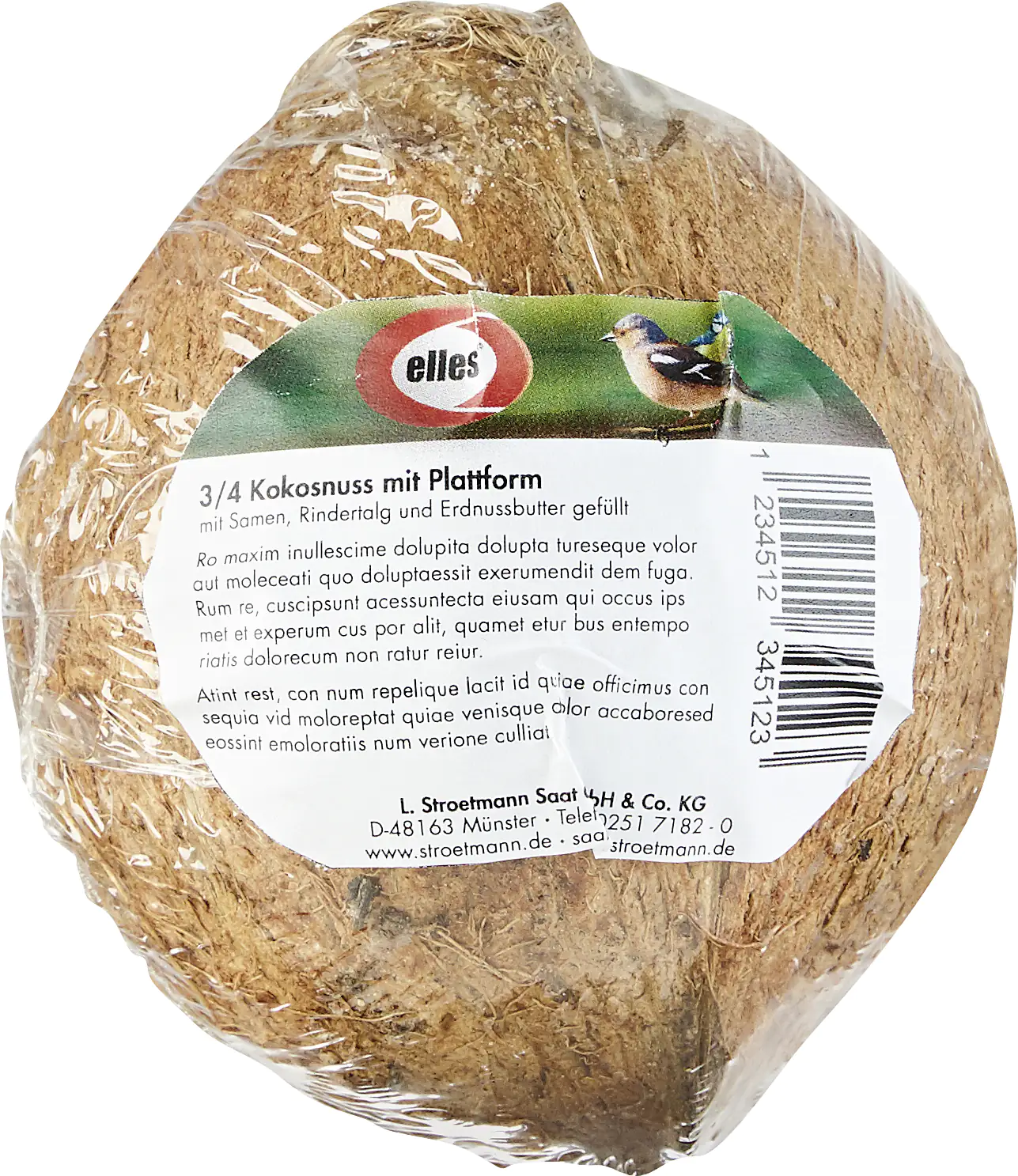 4000610192467_2519269 Elles Vogelfutter - Erdnussbuttermix 400 g in 3/4 Kokosnuss