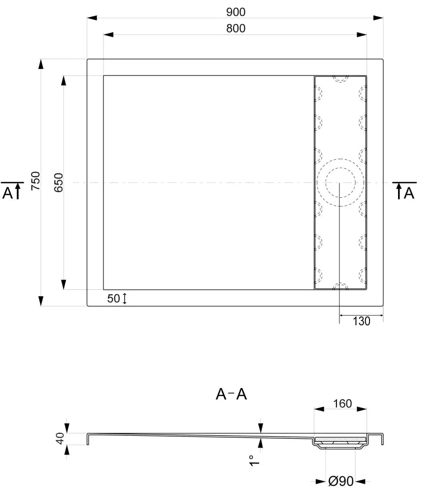 Ottofond Duschwanne mit Ablaufrinne 90 x 75 cm, weiß