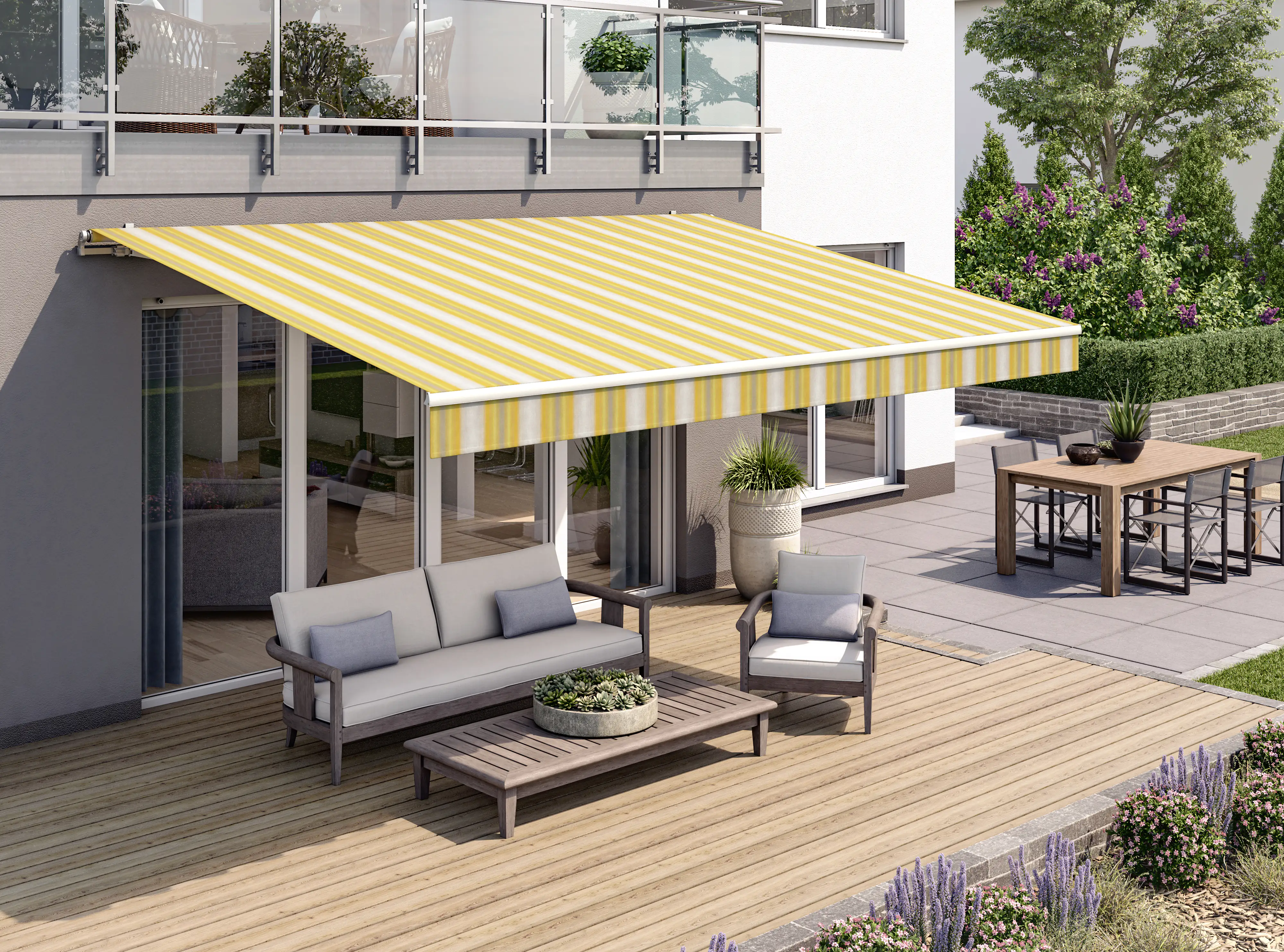 Gelenkarmmarkise Classic grau-gelb gestreift inkl. Handkurbel Gelenkarmmarkise Classic grau-gelb gestreift inkl. Handkurbel