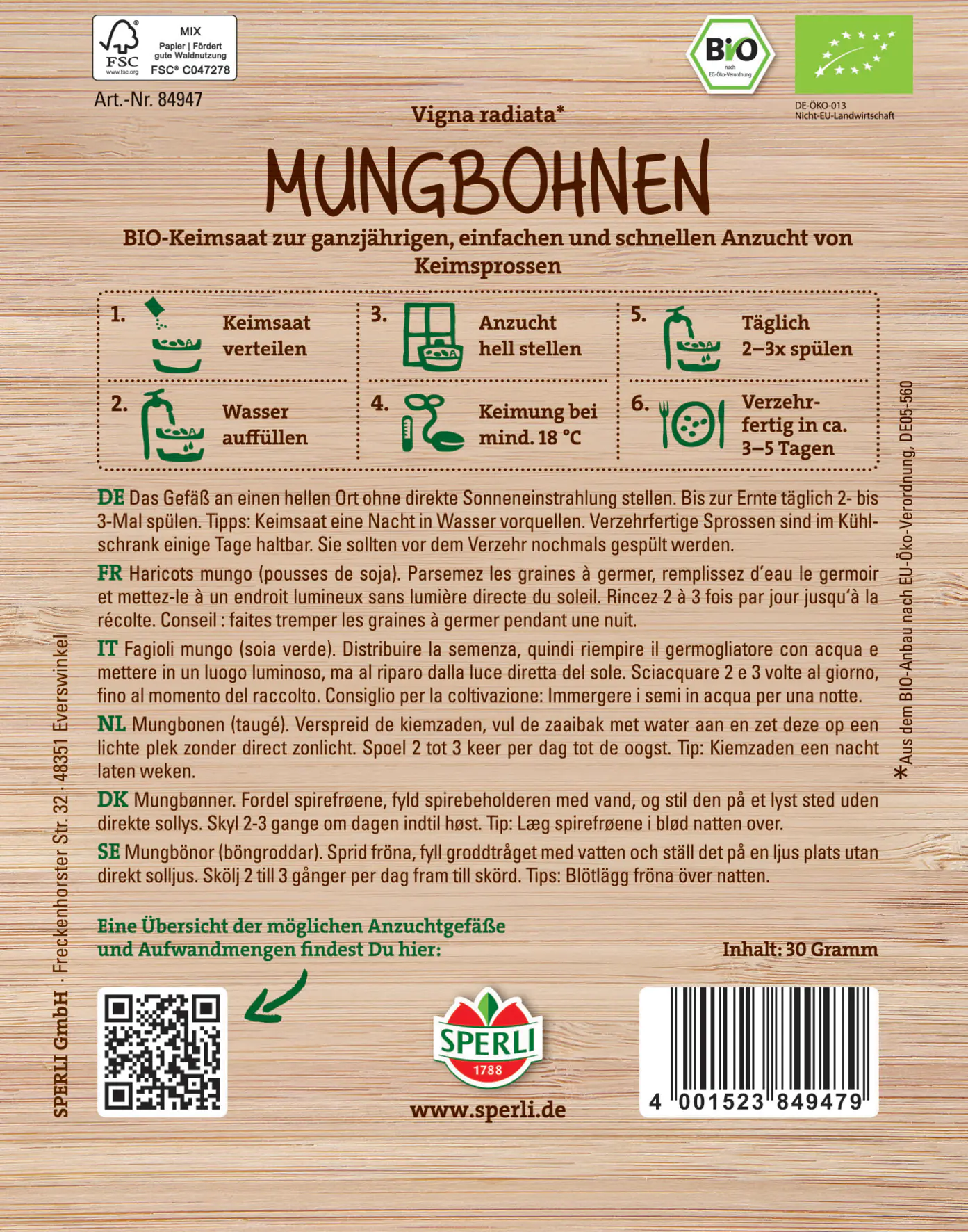 Sperli BIO Keimsprossen-Saat Mungbohnen