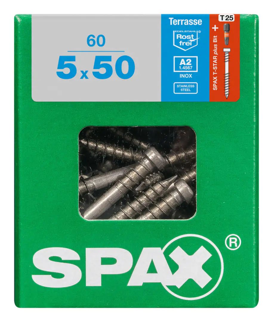 Spax Terrassenschrauben 5.0 x 50 mm TX 25 - 60 Stk. Spax Terrassenschrauben 5.0 x 50 mm TX 25 - 60 Stk.