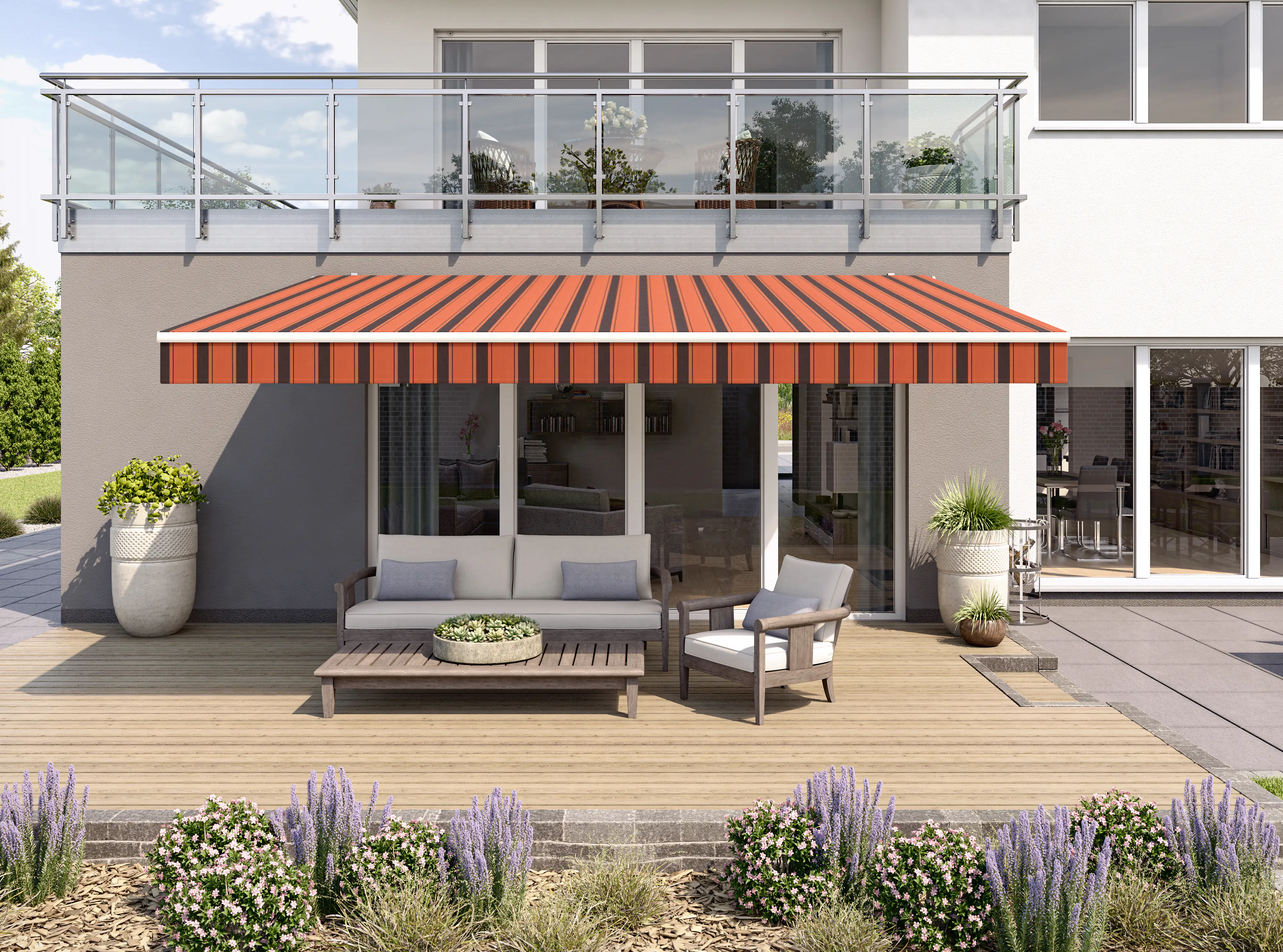 Gelenkarmmarkise Classic orange-braun gestreift inkl. Motor, Handsender, Solar Panel Gelenkarmmarkise Classic orange-braun gestreift inkl. Motor, Handsender, Solar Panel